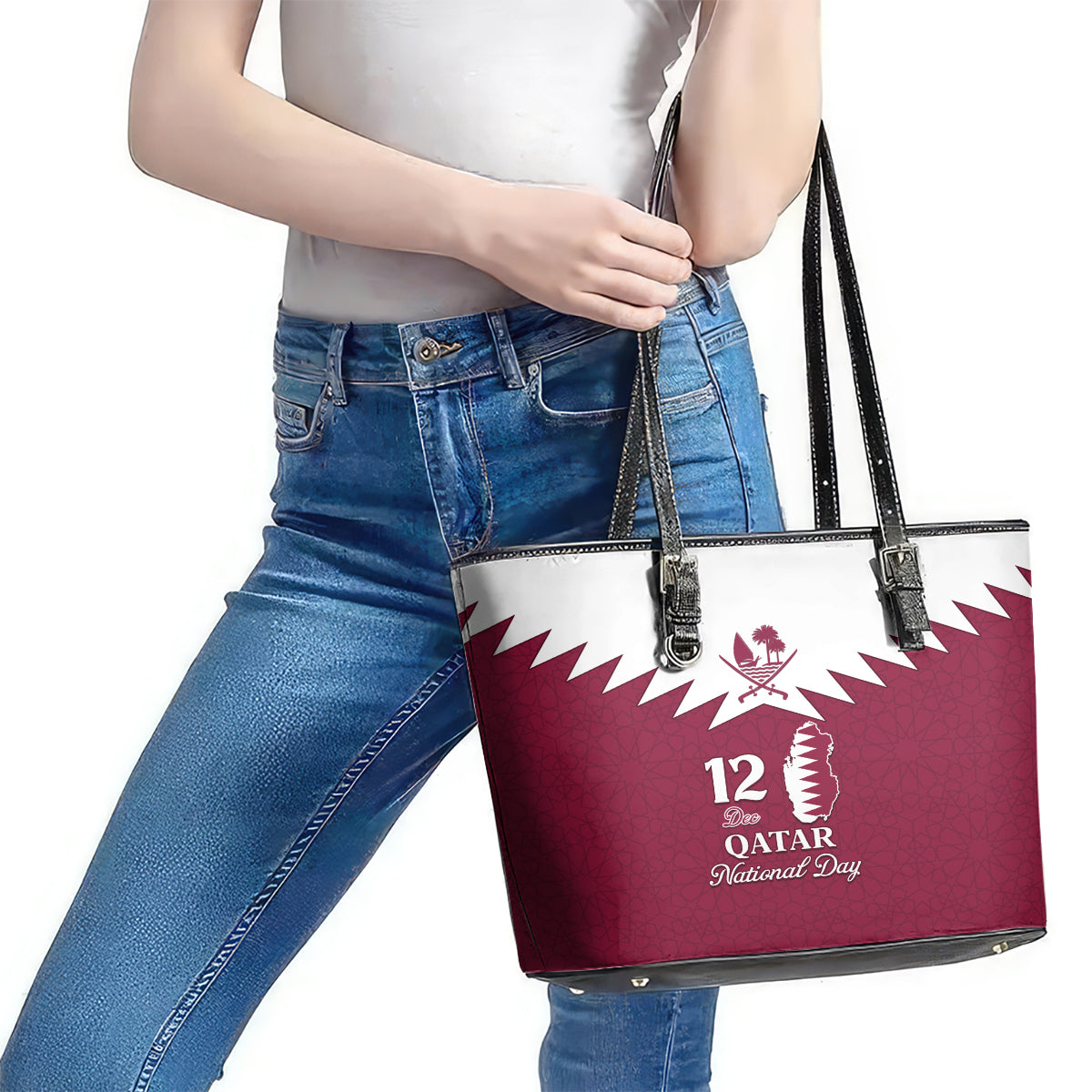 Qatar National Day Leather Tote Bag Dawlat Qatar Map Islamic Pattern LT01