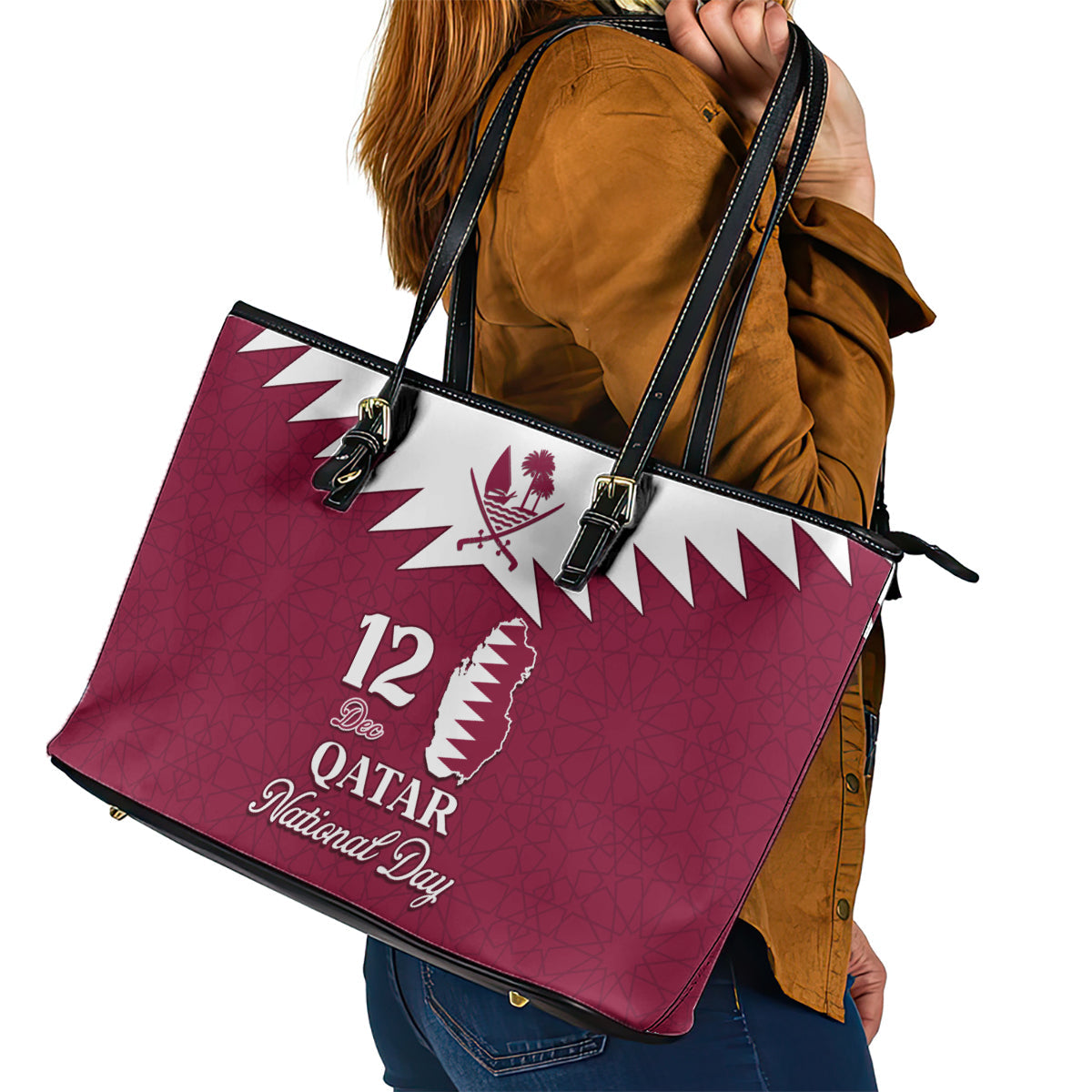 Qatar National Day Leather Tote Bag Dawlat Qatar Map Islamic Pattern LT01