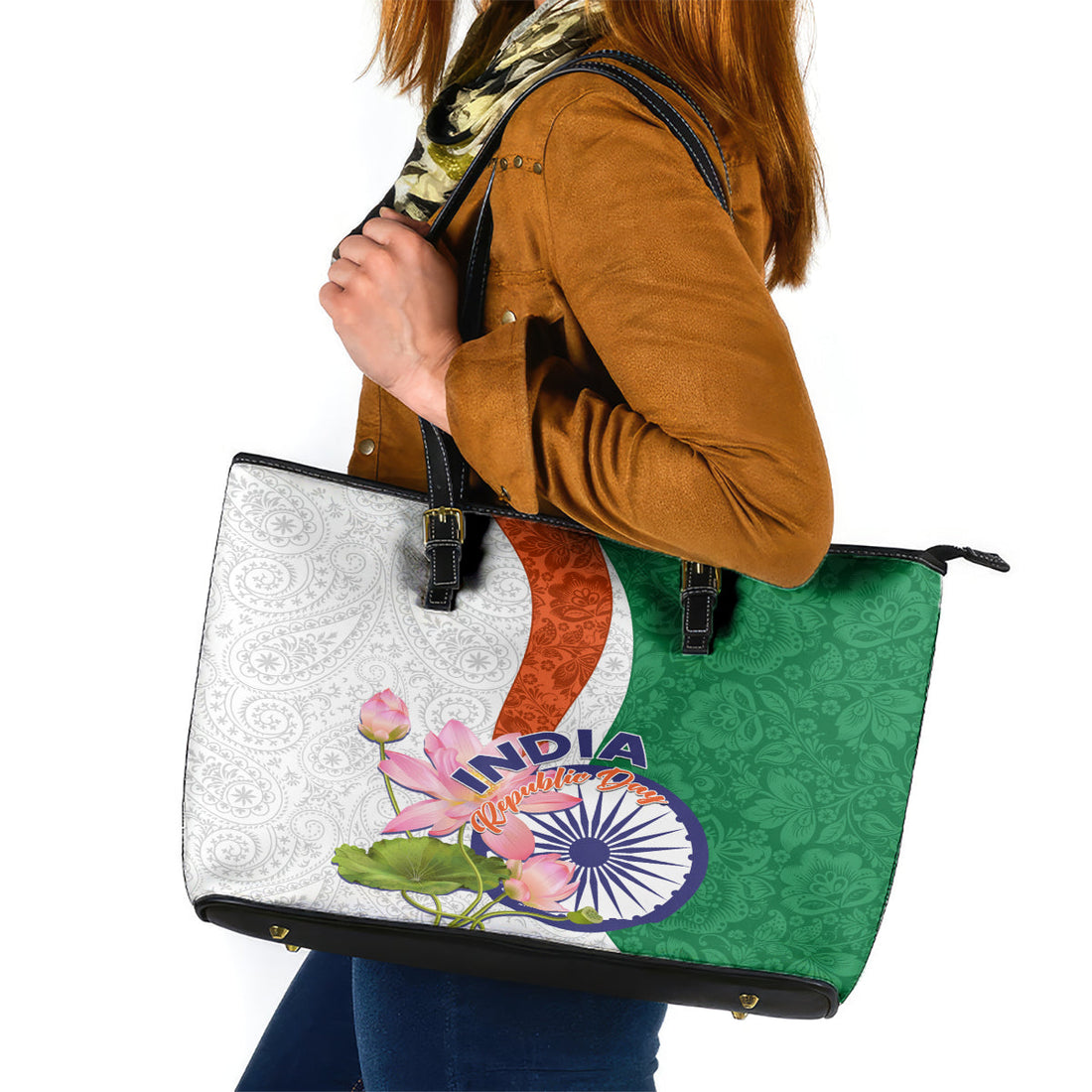 India Republic Day Leather Tote Bag Lotus Floral Paisley Pattern LT01