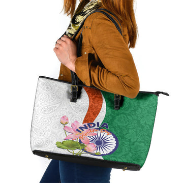 India Republic Day Leather Tote Bag Lotus Floral Paisley Pattern LT01