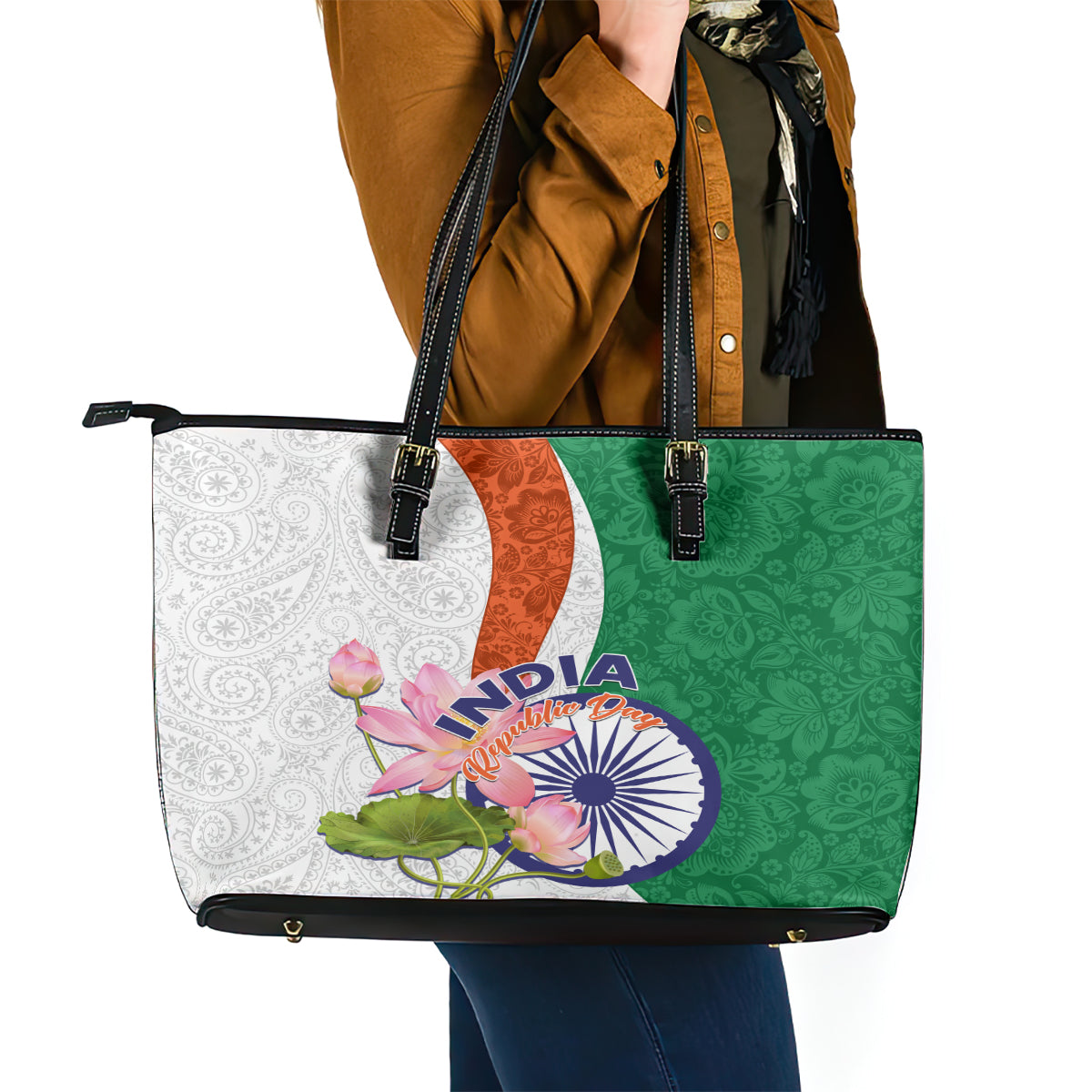 India Republic Day Leather Tote Bag Lotus Floral Paisley Pattern LT01
