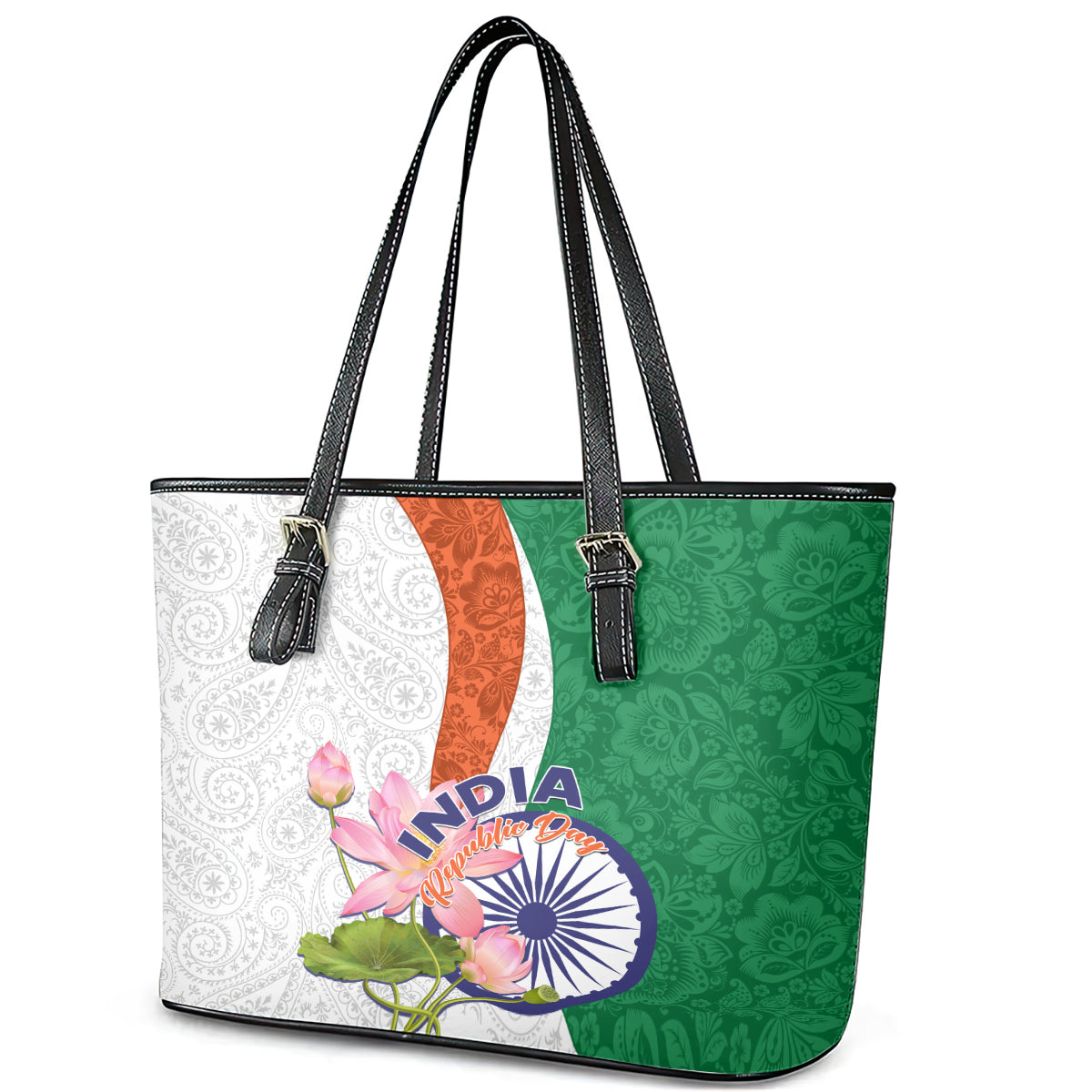India Republic Day Leather Tote Bag Lotus Floral Paisley Pattern LT01