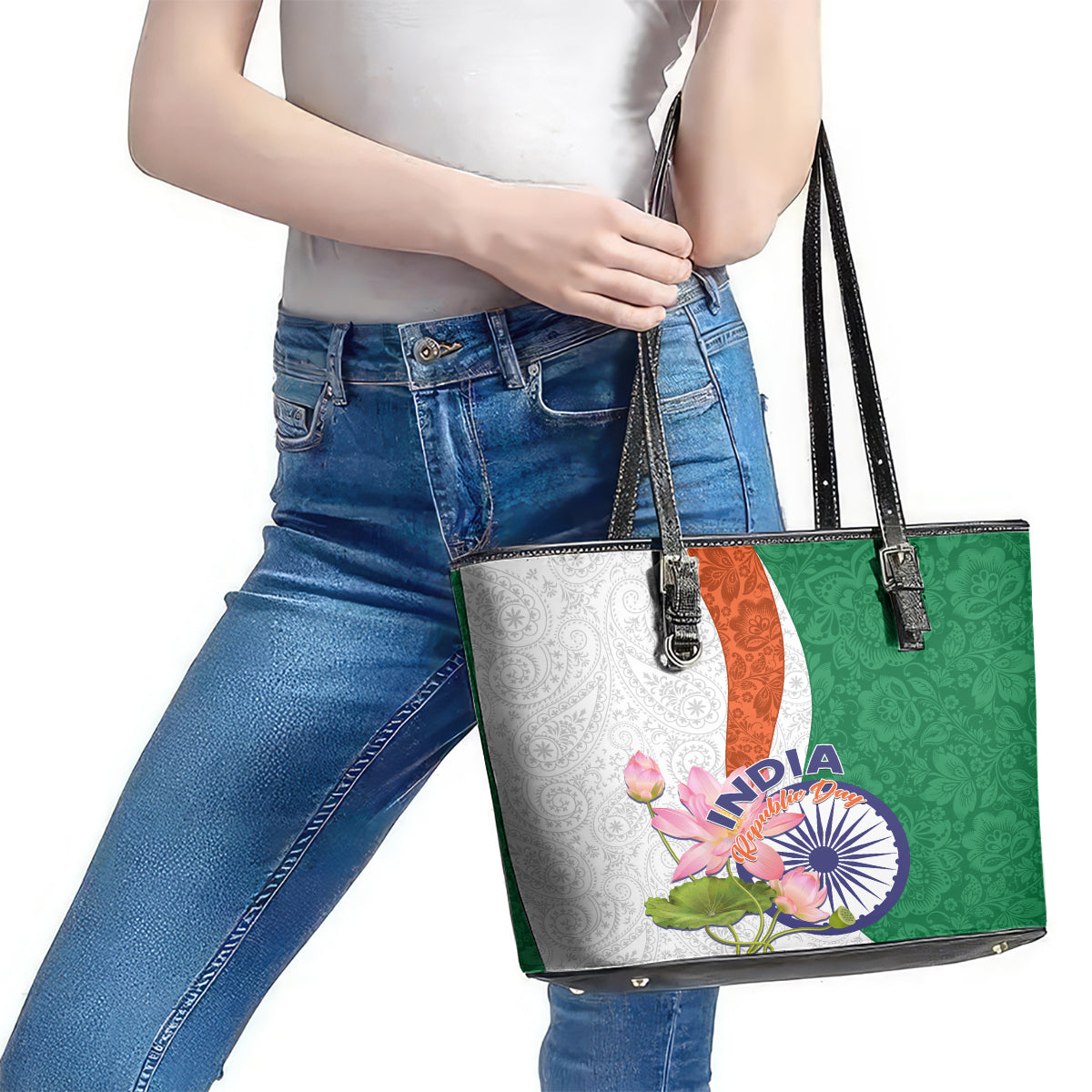 India Republic Day Leather Tote Bag Lotus Floral Paisley Pattern LT01