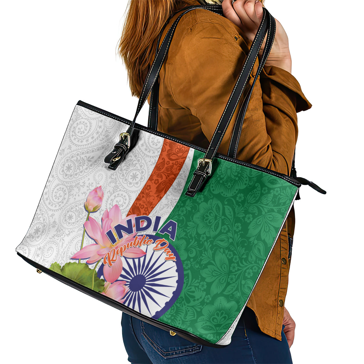 India Republic Day Leather Tote Bag Lotus Floral Paisley Pattern LT01