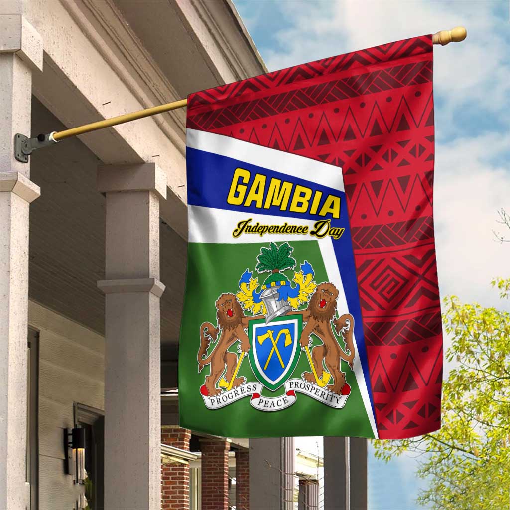 Gambia Independence Day Garden Flag with Coat of Arms and African Pattern LT01