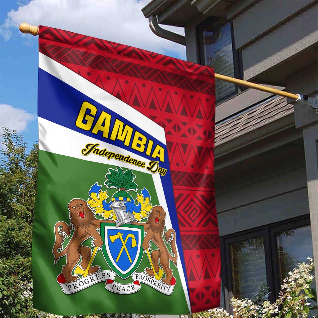 Gambia Independence Day Garden Flag with Coat of Arms and African Pattern LT01
