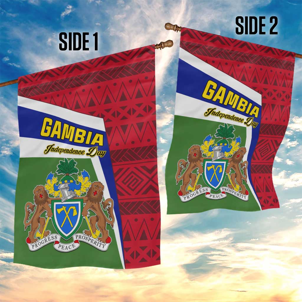 Gambia Independence Day Garden Flag with Coat of Arms and African Pattern LT01