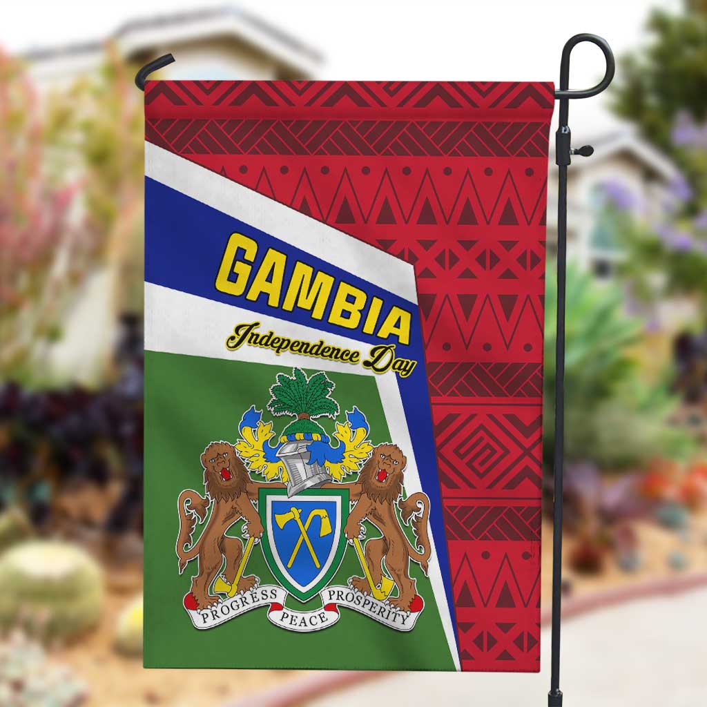 Gambia Independence Day Garden Flag with Coat of Arms and African Pattern LT01