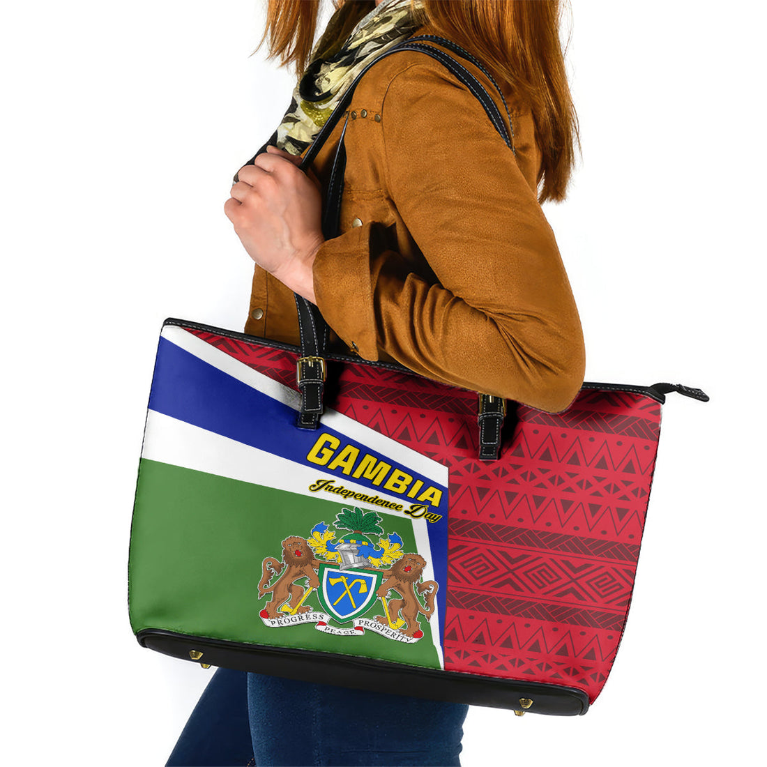 Gambia Independence Day Leather Tote Bag Coat Of Arms African Pattern LT01