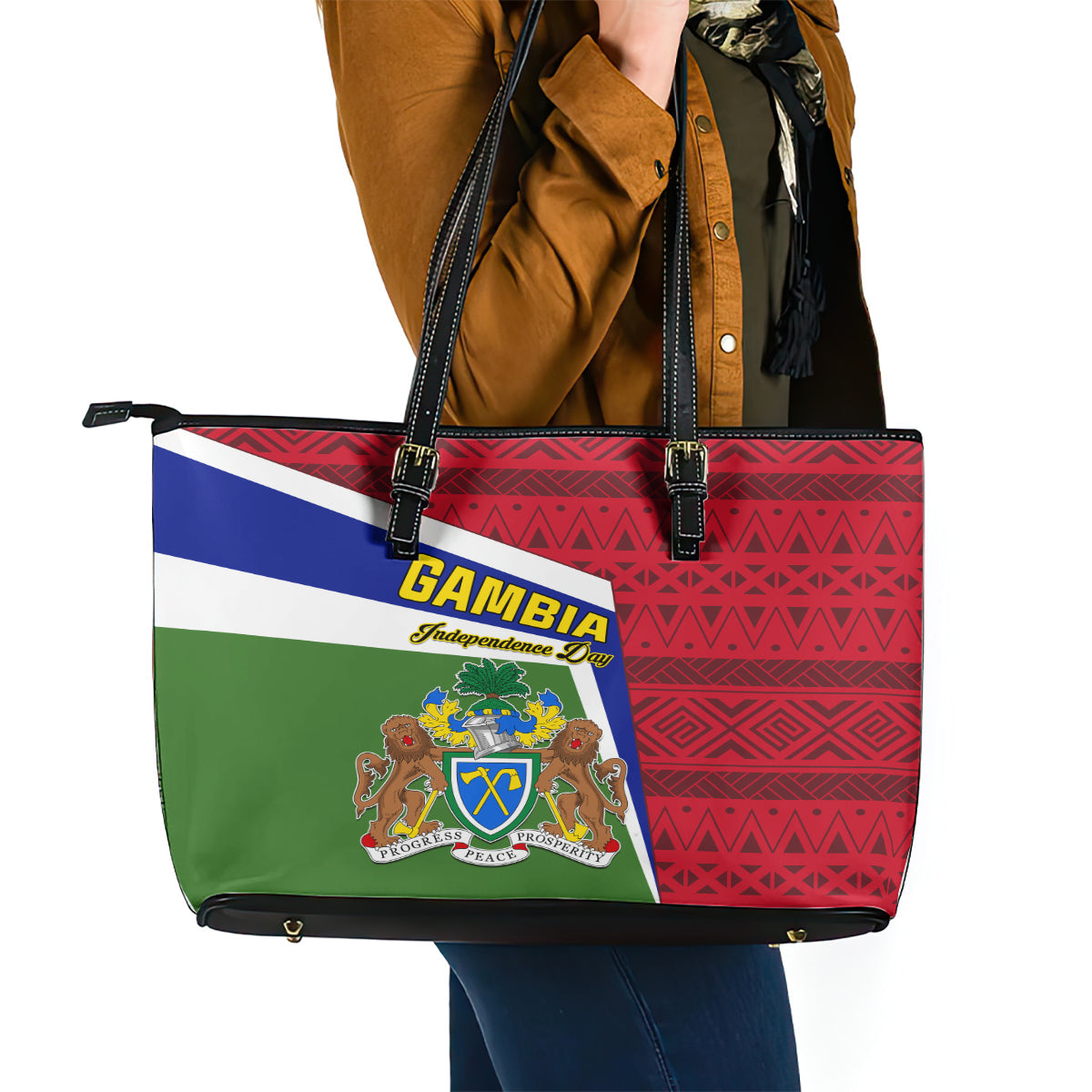 Gambia Independence Day Leather Tote Bag Coat Of Arms African Pattern LT01