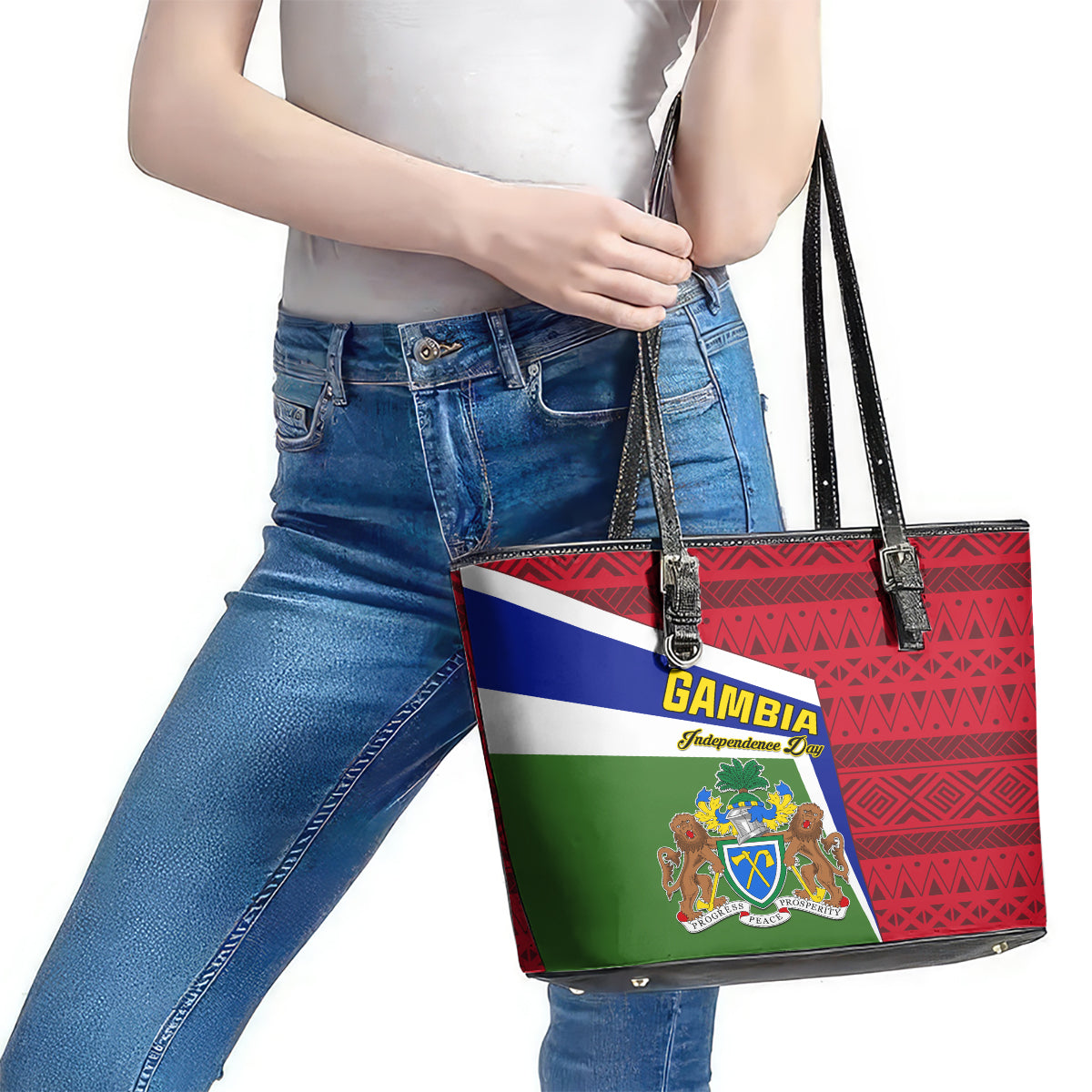 Gambia Independence Day Leather Tote Bag Coat Of Arms African Pattern LT01