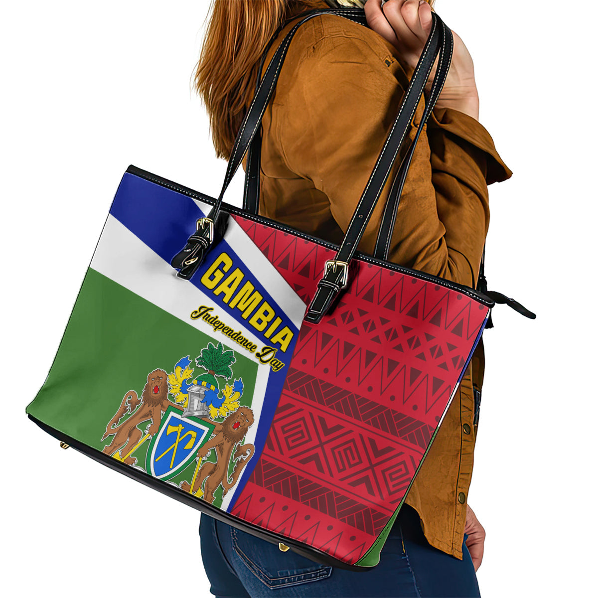 Gambia Independence Day Leather Tote Bag Coat Of Arms African Pattern LT01