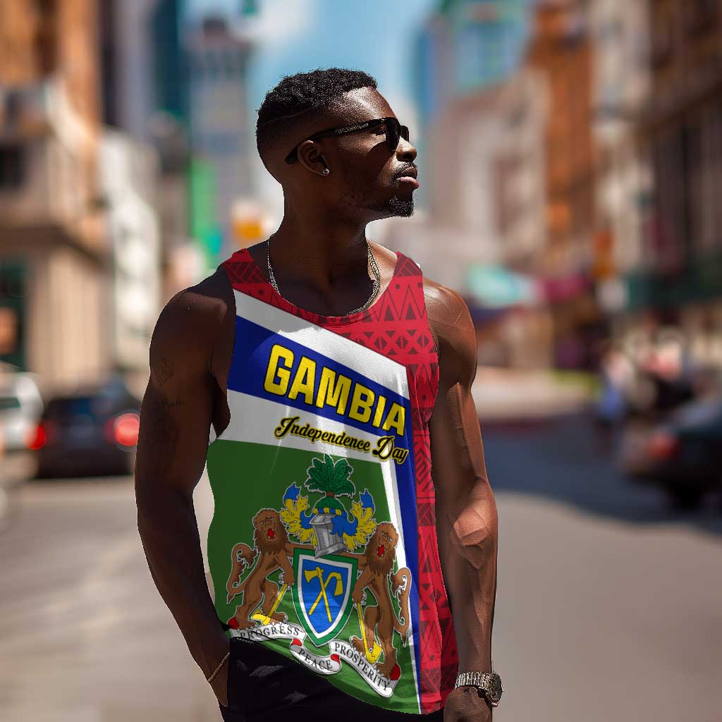 Gambia Independence Day Men Tank Top with Coat of Arms and African Pattern LT01