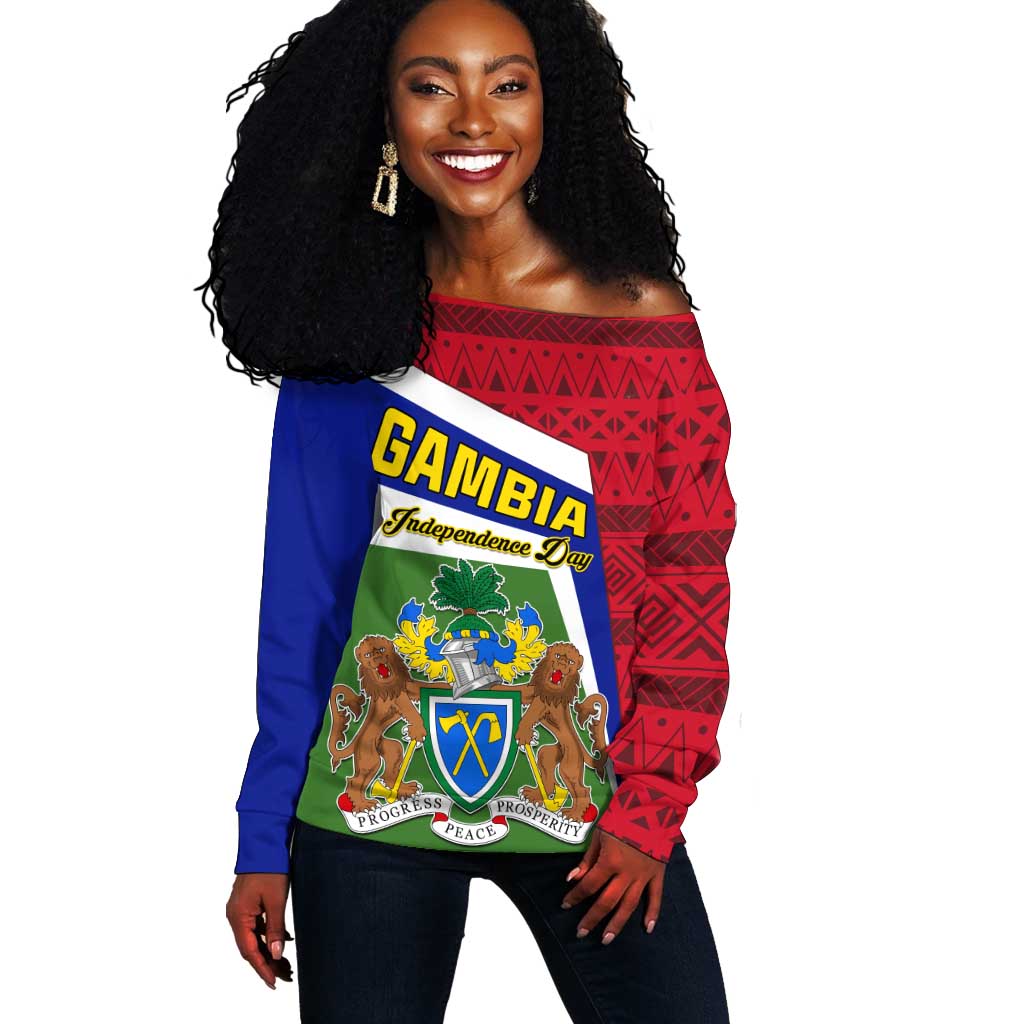 Gambia Independence Day Off Shoulder Sweater with Coat of Arms and African Pattern LT01