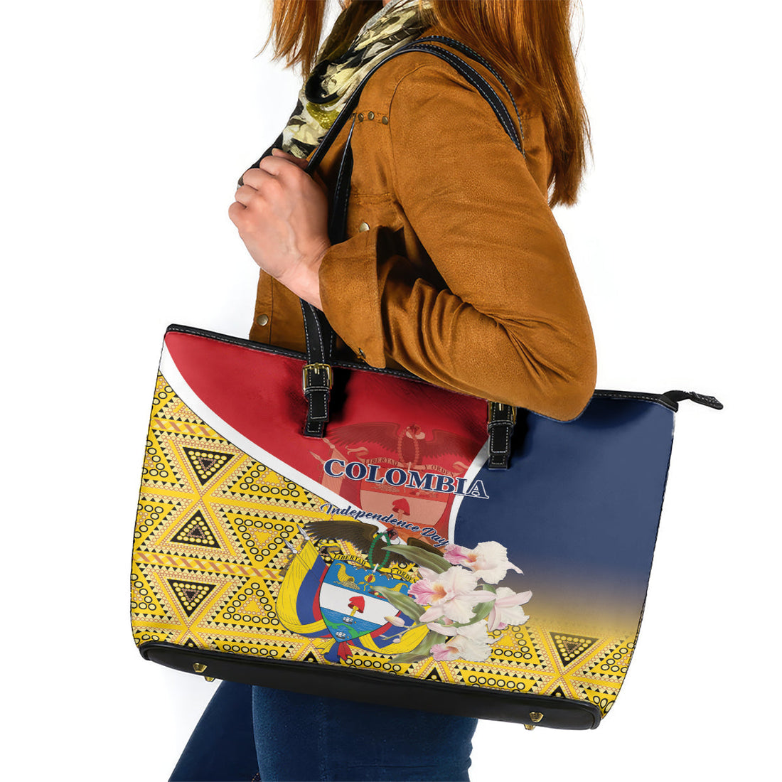 Colombia Independence Day Leather Tote Bag Libertad y Orden Colombian Pattern LT01