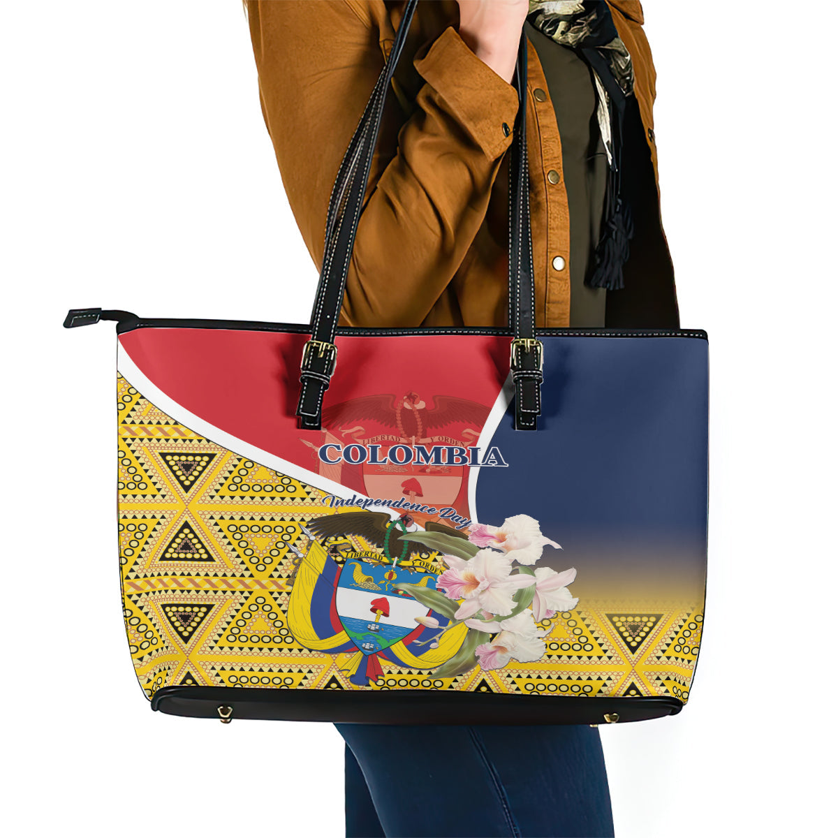 Colombia Independence Day Leather Tote Bag Libertad y Orden Colombian Pattern LT01