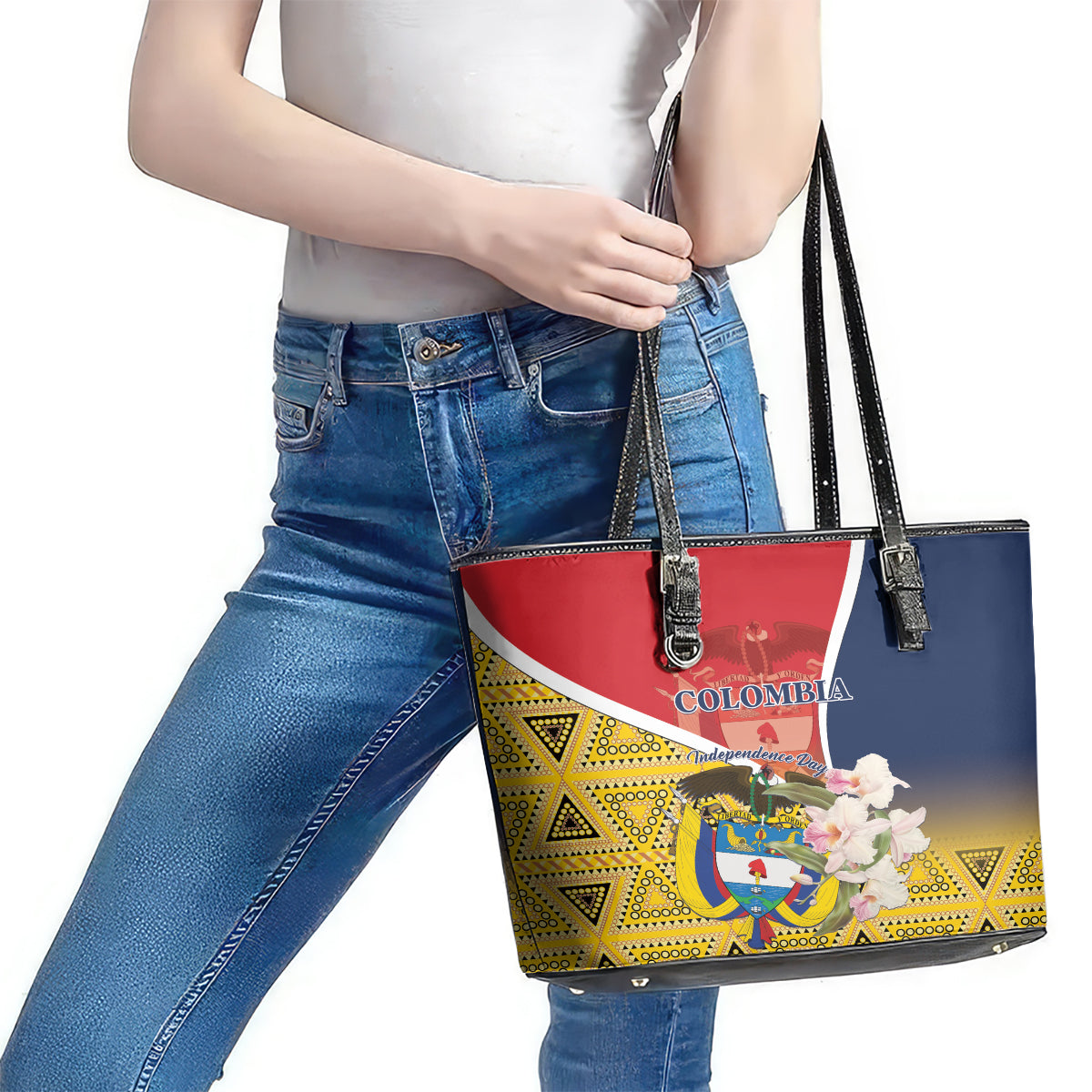 Colombia Independence Day Leather Tote Bag Libertad y Orden Colombian Pattern LT01