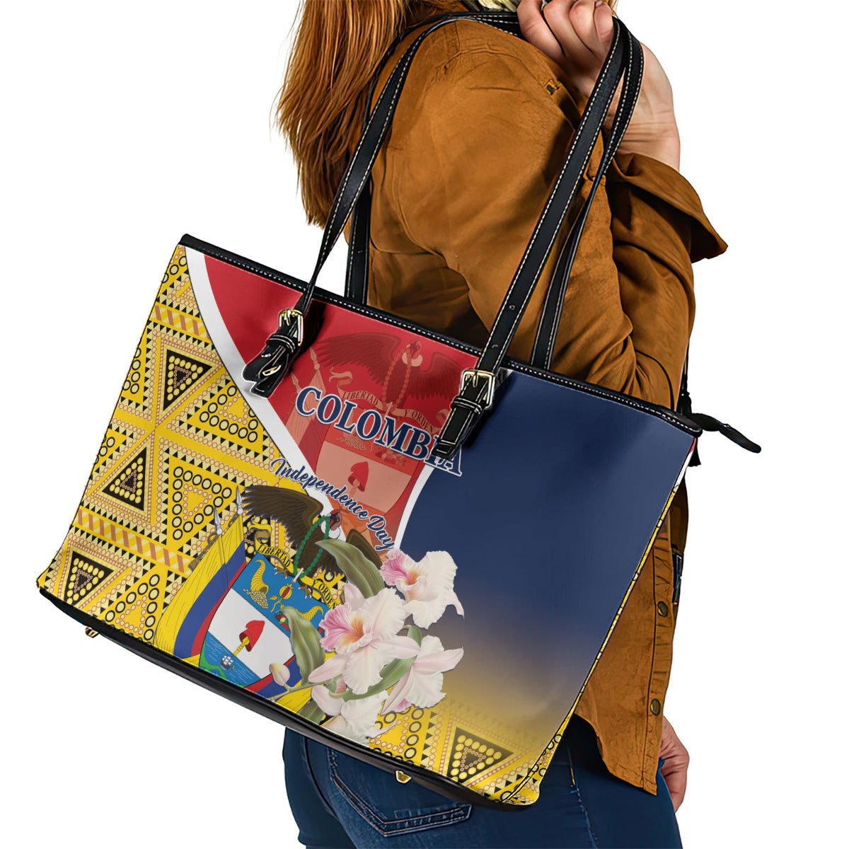 Colombia Independence Day Leather Tote Bag Libertad y Orden Colombian Pattern LT01