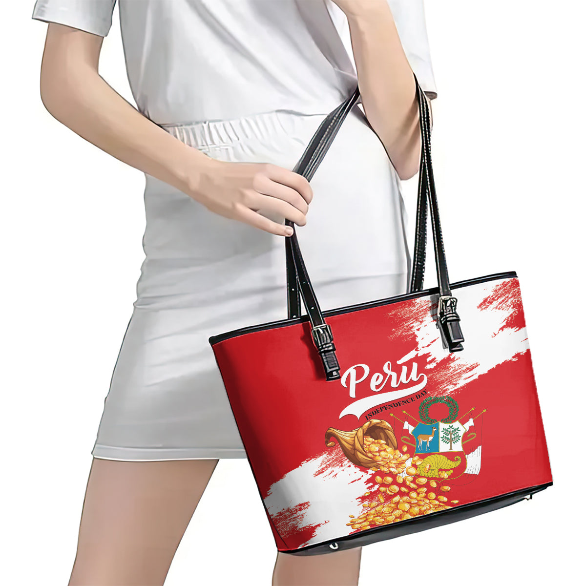 Peru Independence Day Leather Tote Bag Feliz 28 de Julio Felices Fiestas Patrias LT01