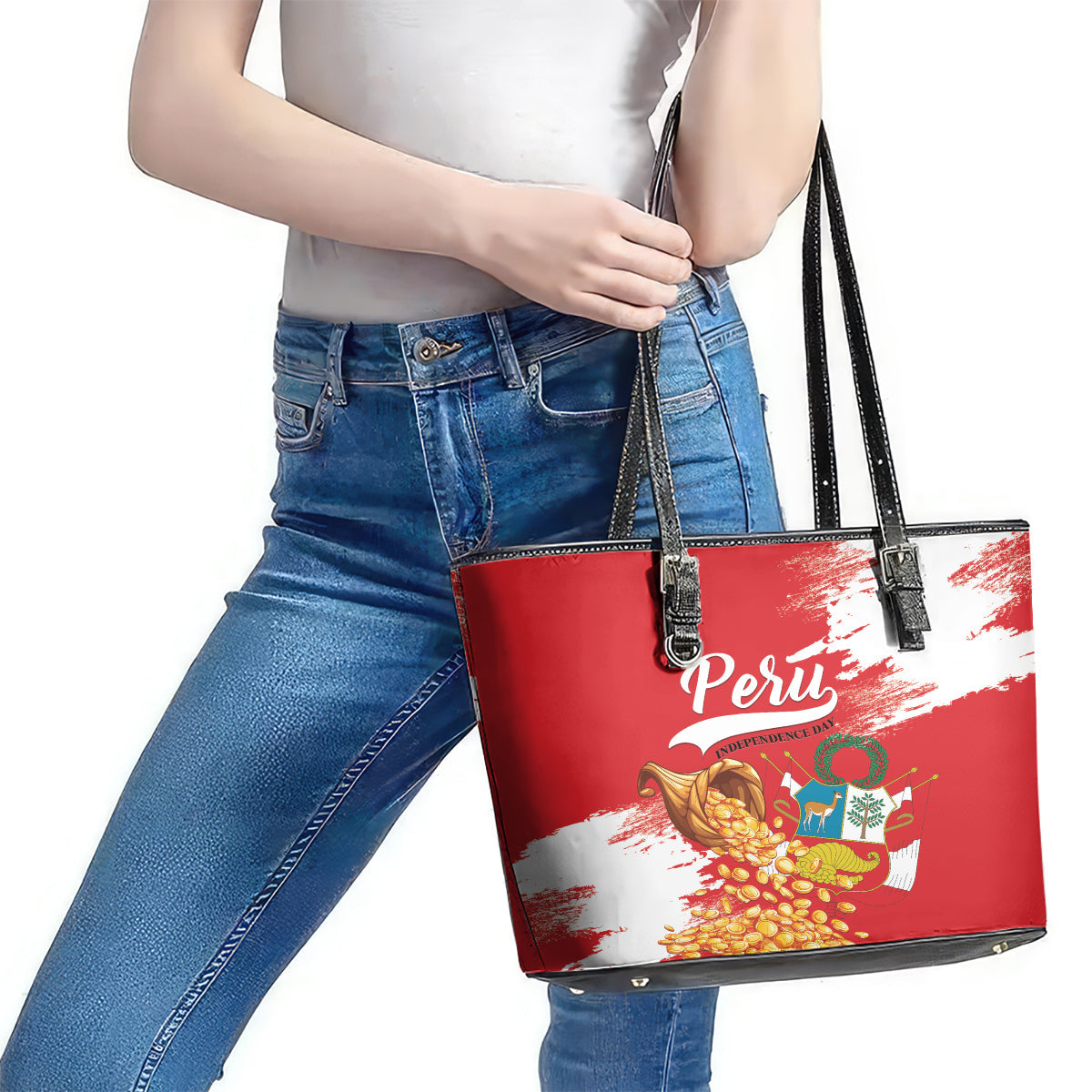 Peru Independence Day Leather Tote Bag Feliz 28 de Julio Felices Fiestas Patrias LT01