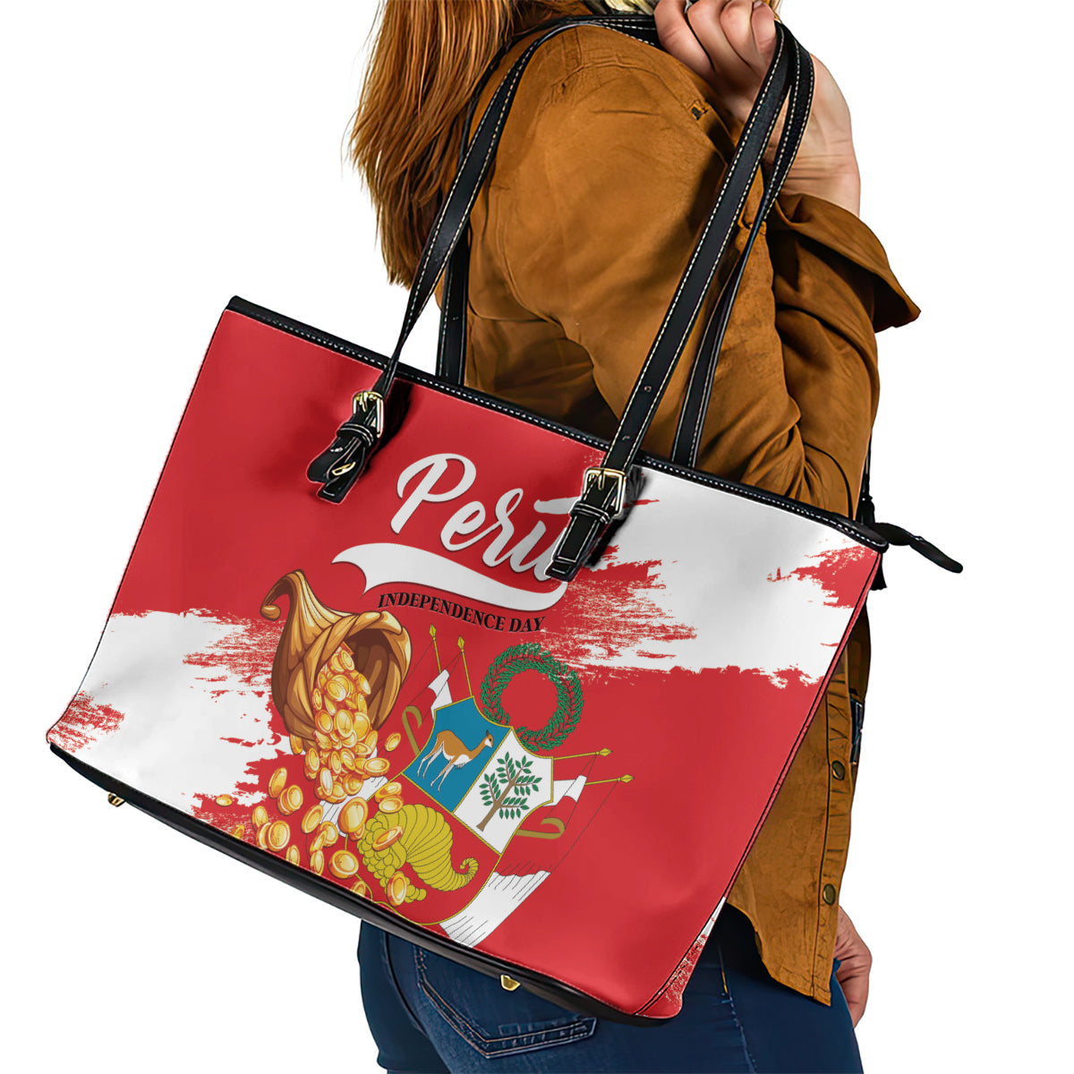 Peru Independence Day Leather Tote Bag Feliz 28 de Julio Felices Fiestas Patrias LT01
