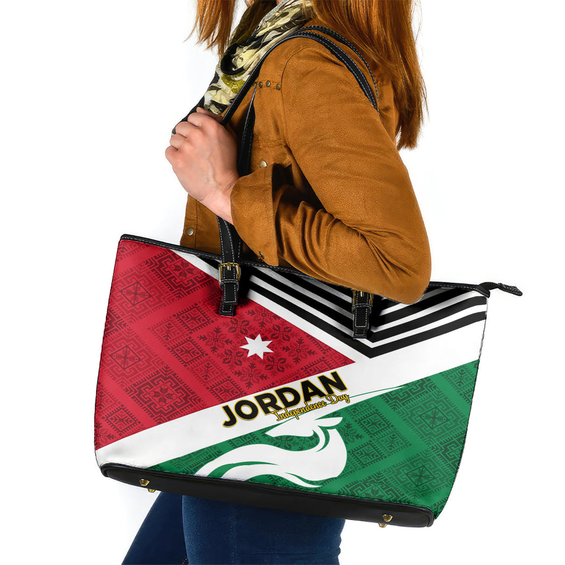 Jordan Independence Day Leather Tote Bag Jordanie Folk Pattern Flag Style LT01