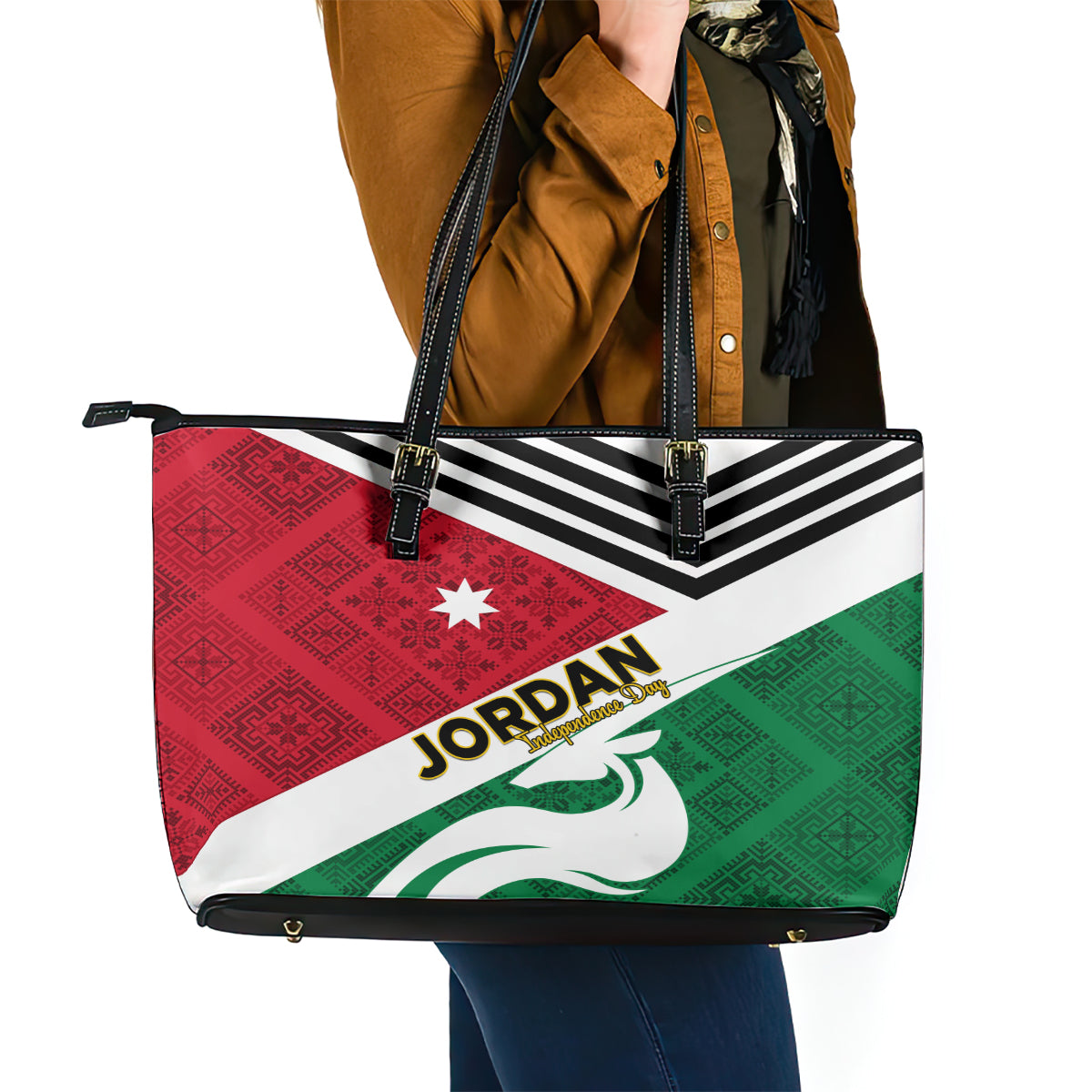 Jordan Independence Day Leather Tote Bag Jordanie Folk Pattern Flag Style LT01