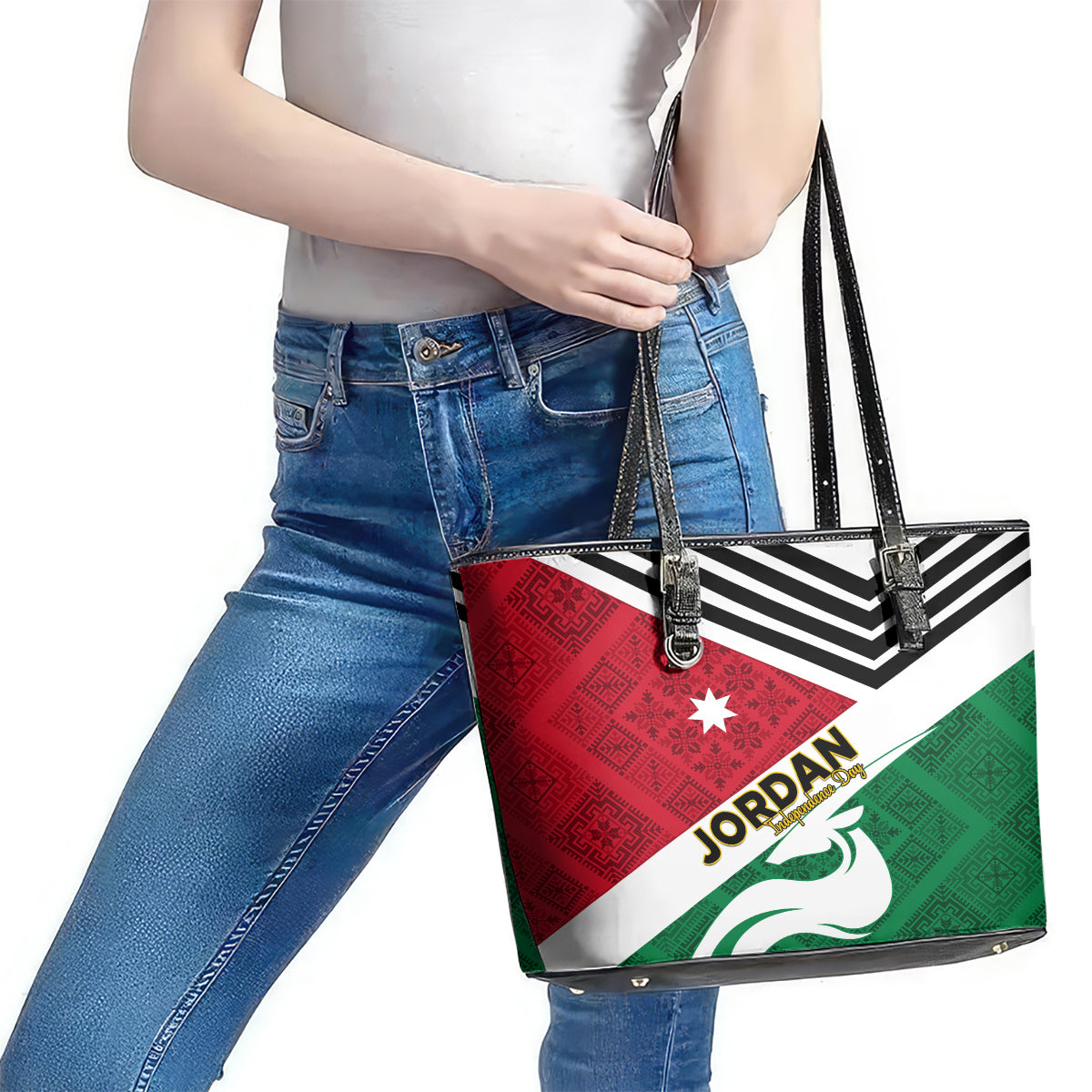Jordan Independence Day Leather Tote Bag Jordanie Folk Pattern Flag Style LT01