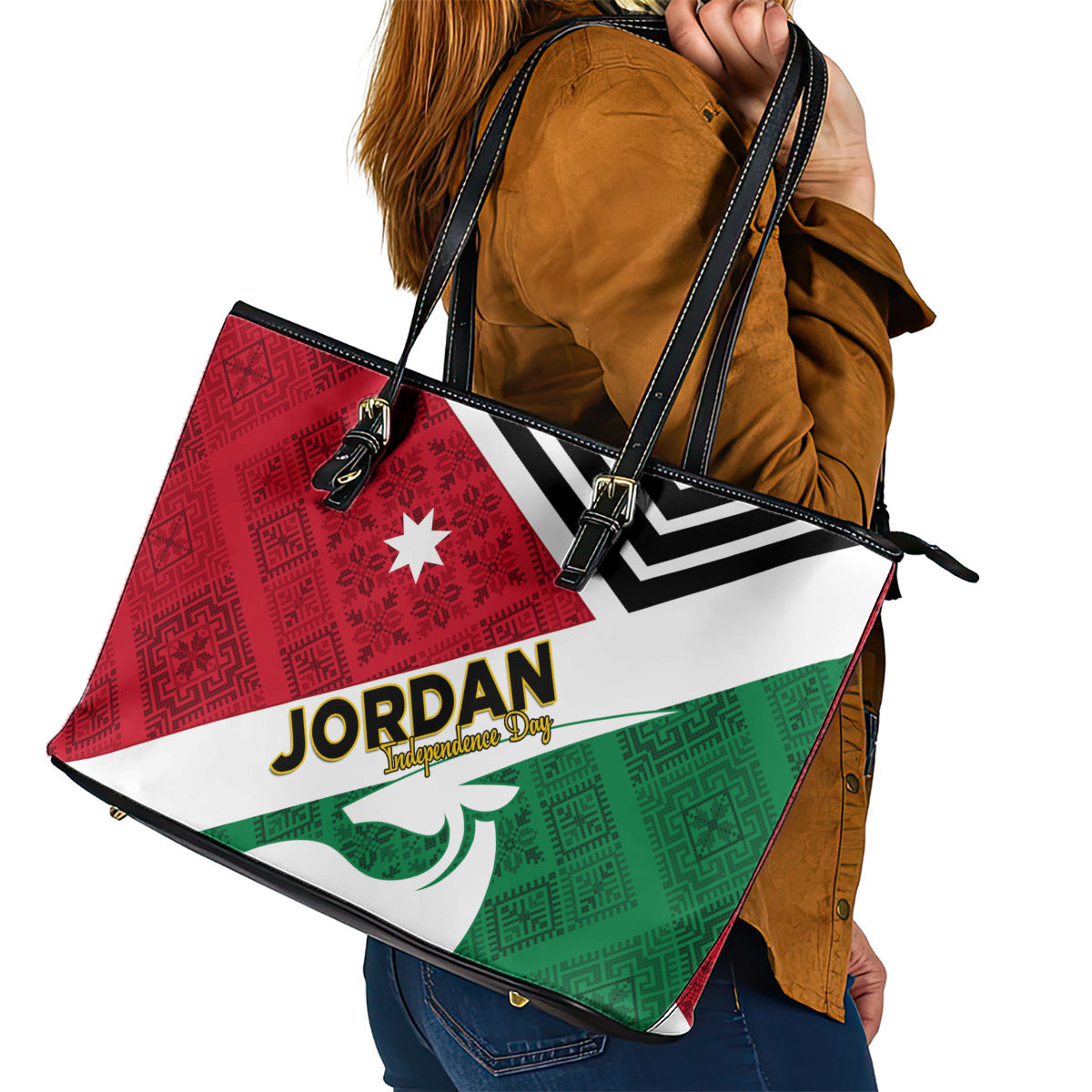 Jordan Independence Day Leather Tote Bag Jordanie Folk Pattern Flag Style LT01
