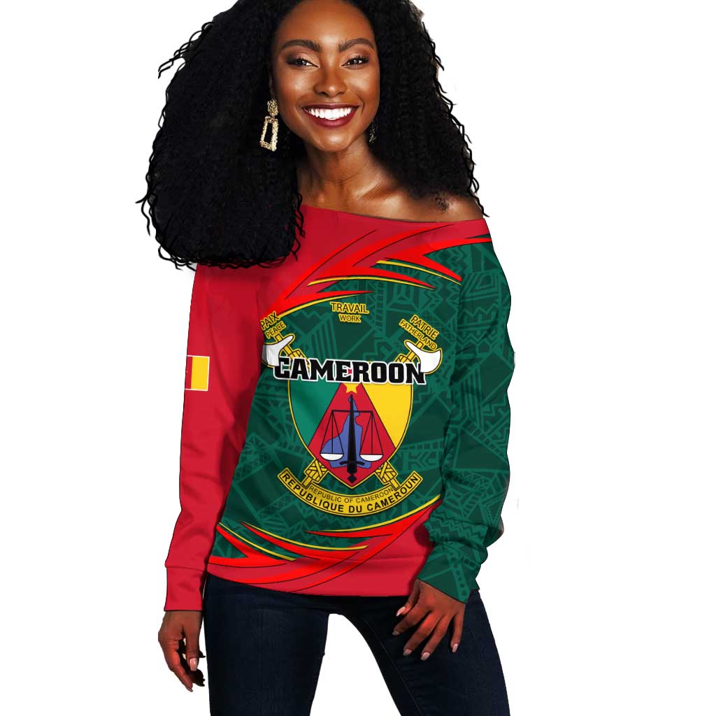Personalized Cameroon Off Shoulder Sweater with Cameroun Coat of Arms and African Pattern LT01