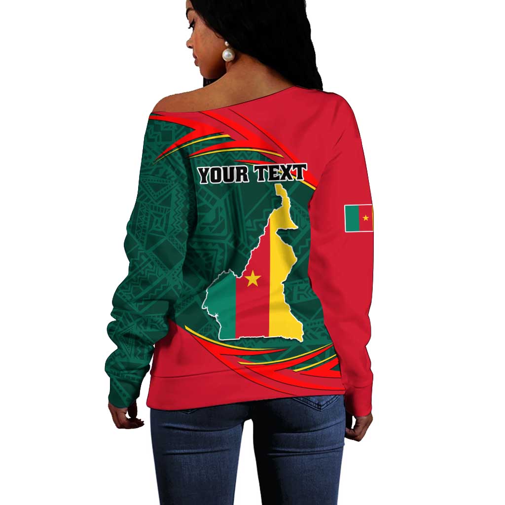 Personalized Cameroon Off Shoulder Sweater with Cameroun Coat of Arms and African Pattern LT01