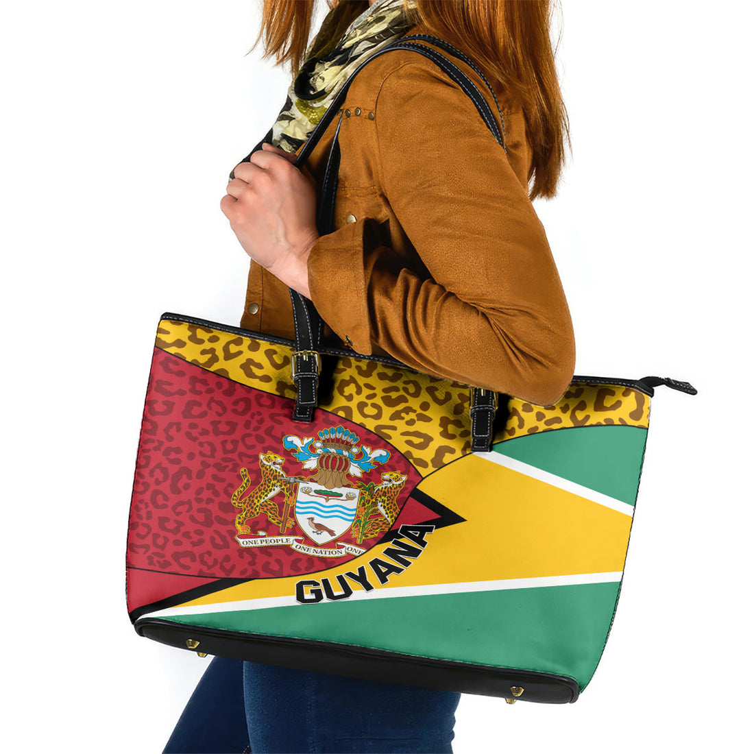 Guyana Republic Day Leather Tote Bag Coat Of Arms Leopard Pattern LT01