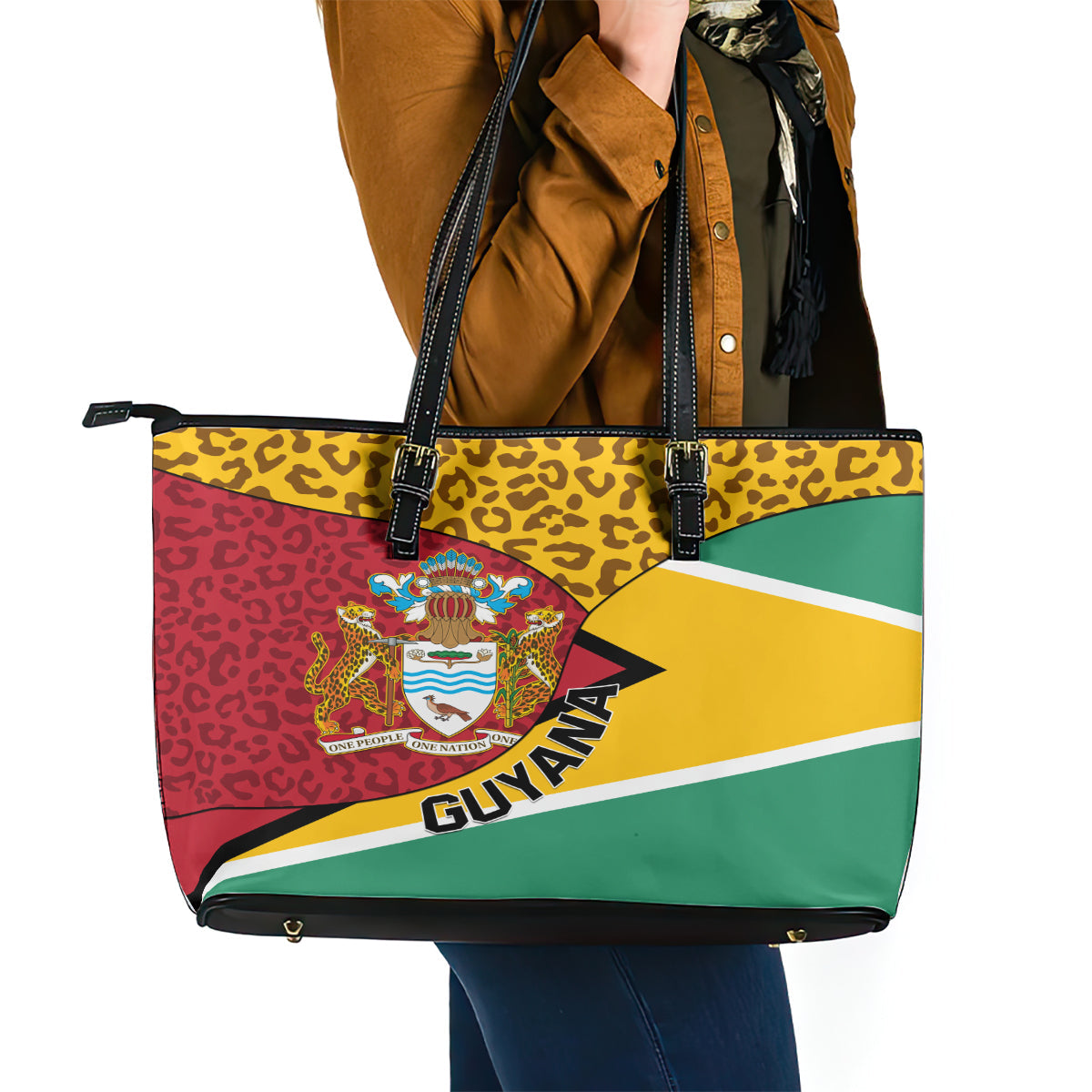 Guyana Republic Day Leather Tote Bag Coat Of Arms Leopard Pattern LT01