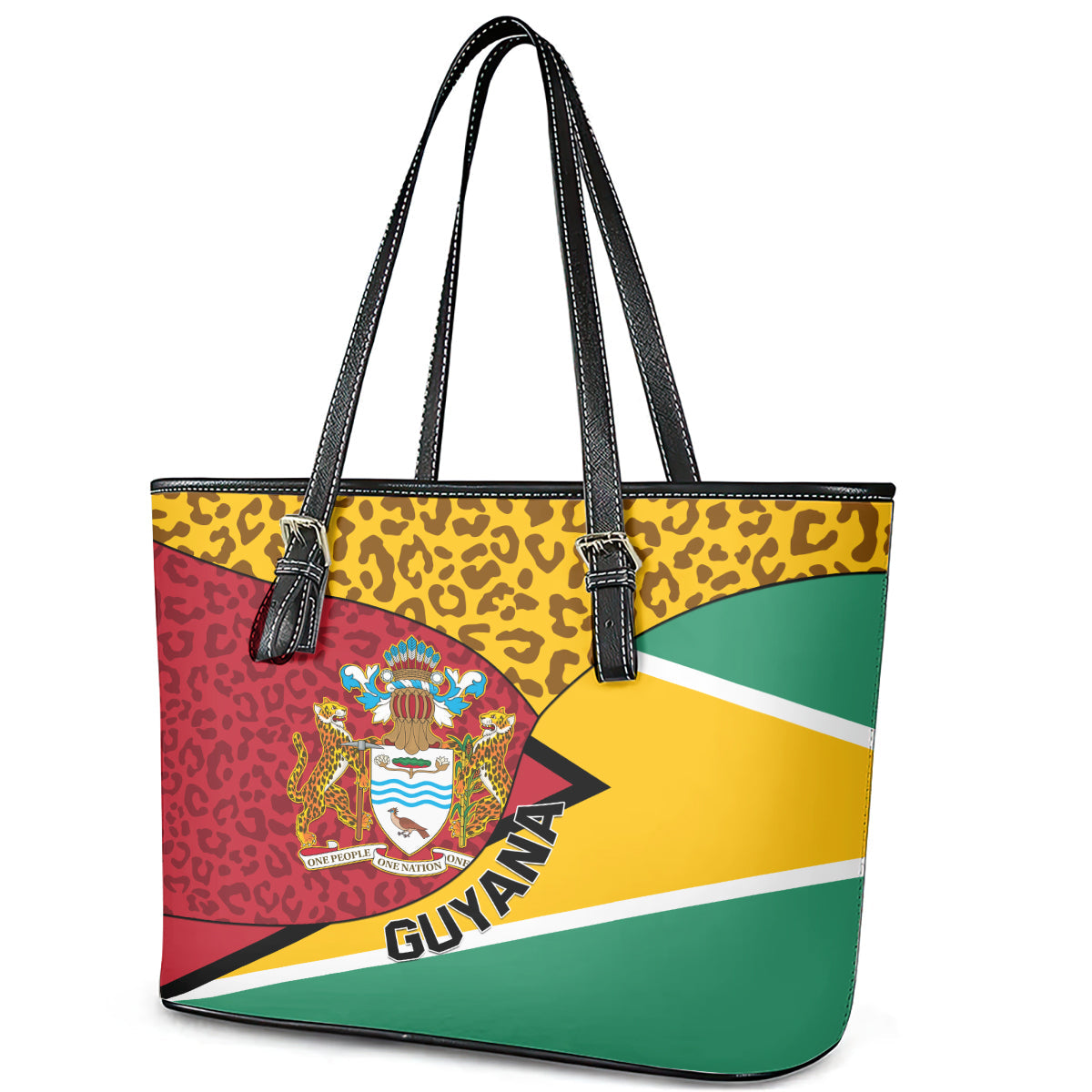 Guyana Republic Day Leather Tote Bag Coat Of Arms Leopard Pattern LT01