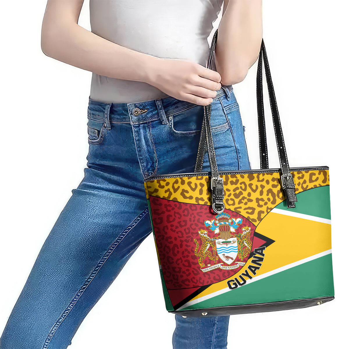 Guyana Republic Day Leather Tote Bag Coat Of Arms Leopard Pattern LT01