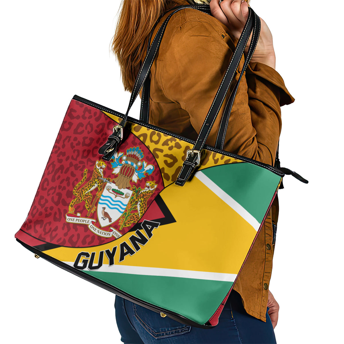 Guyana Republic Day Leather Tote Bag Coat Of Arms Leopard Pattern LT01