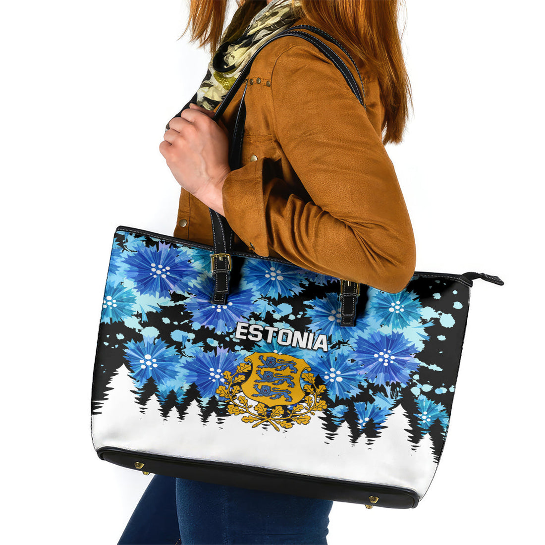 Estonia Independence Day Leather Tote Bag Cornflower Unique Style LT01