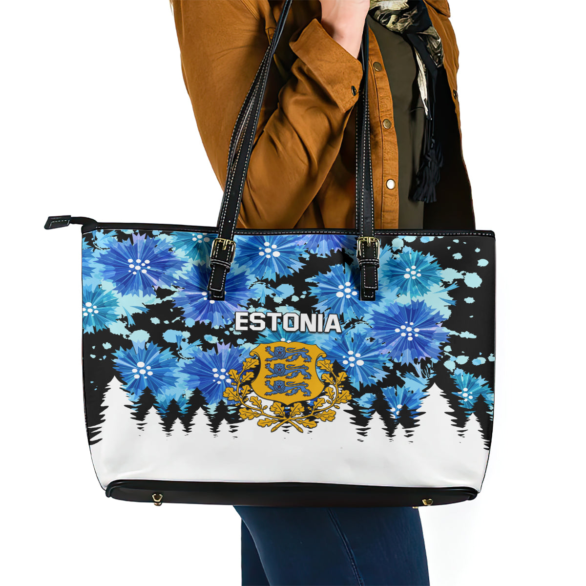 Estonia Independence Day Leather Tote Bag Cornflower Unique Style LT01