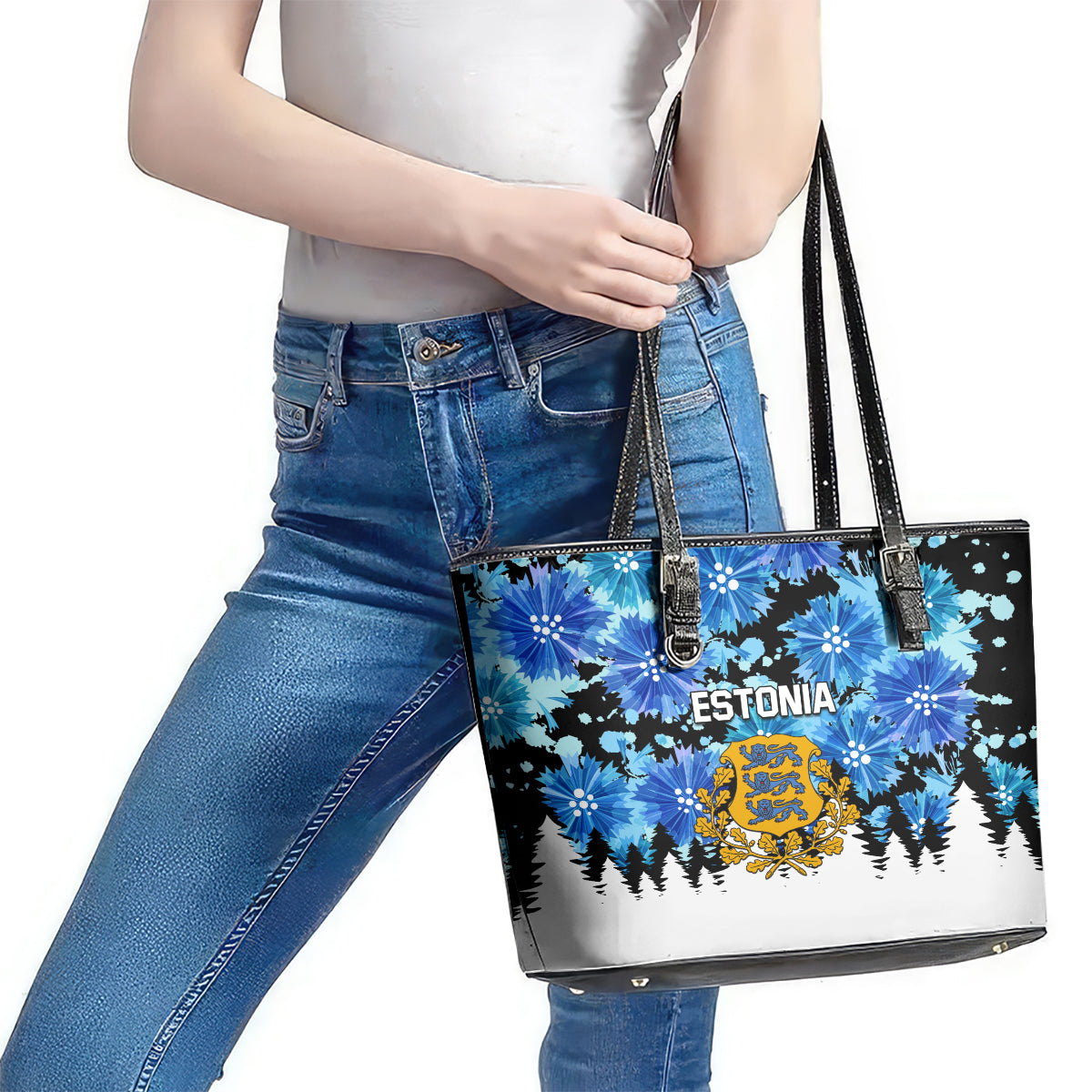 Estonia Independence Day Leather Tote Bag Cornflower Unique Style LT01