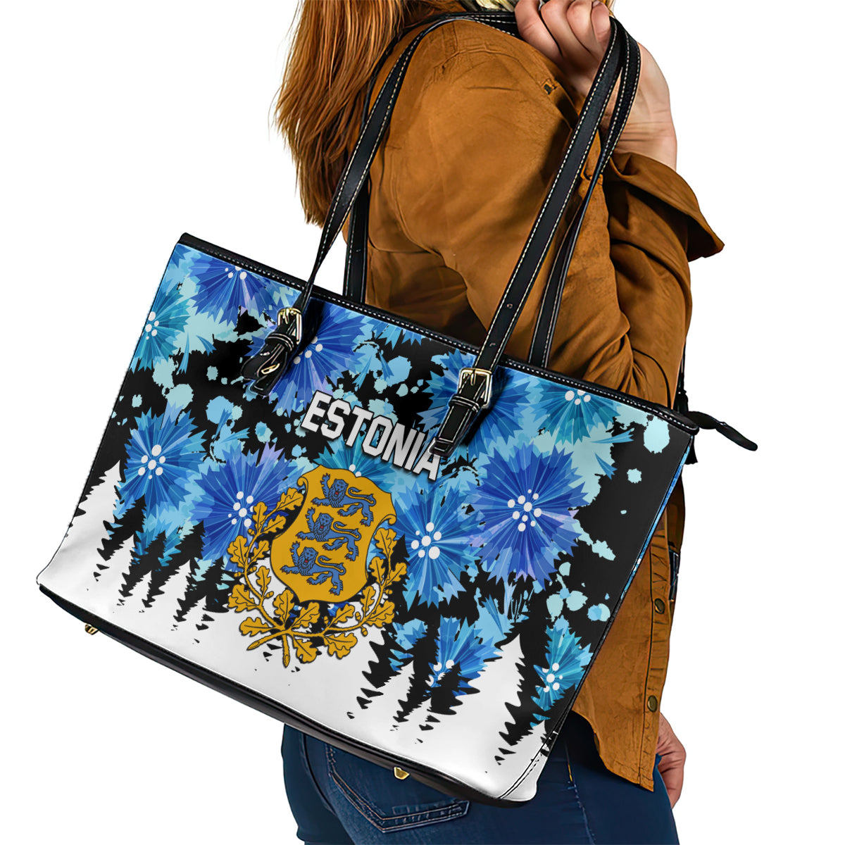 Estonia Independence Day Leather Tote Bag Cornflower Unique Style LT01