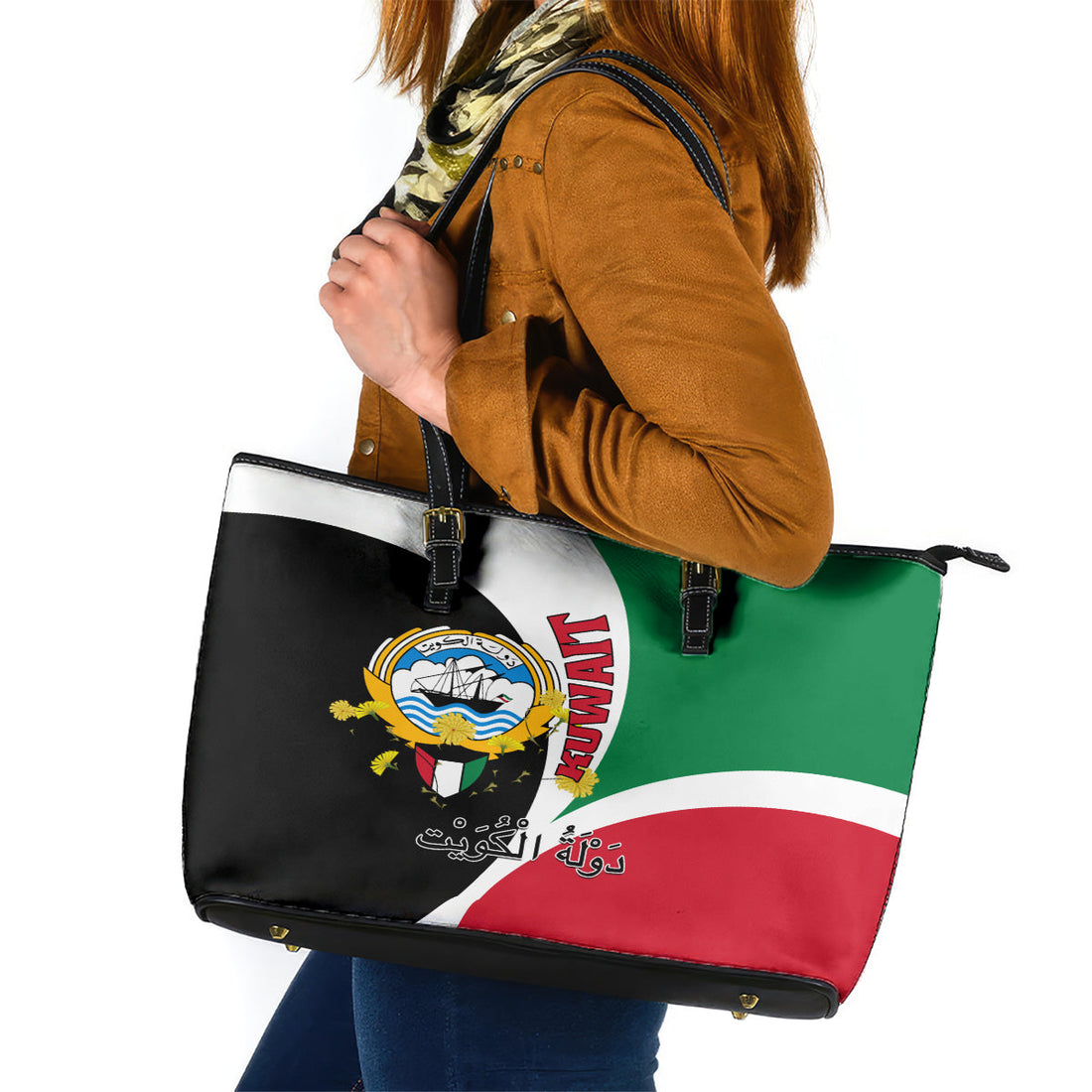 Kuwait National Day Leather Tote Bag Kuwayt Coat Of Arms Arfaj Flower LT01