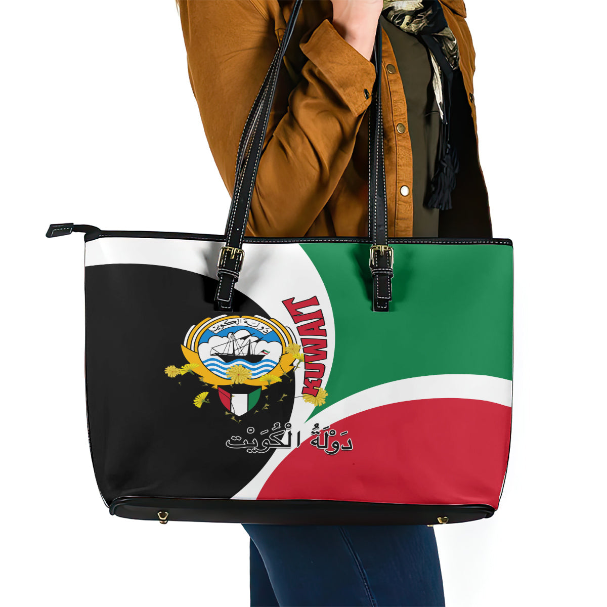 Kuwait National Day Leather Tote Bag Kuwayt Coat Of Arms Arfaj Flower LT01