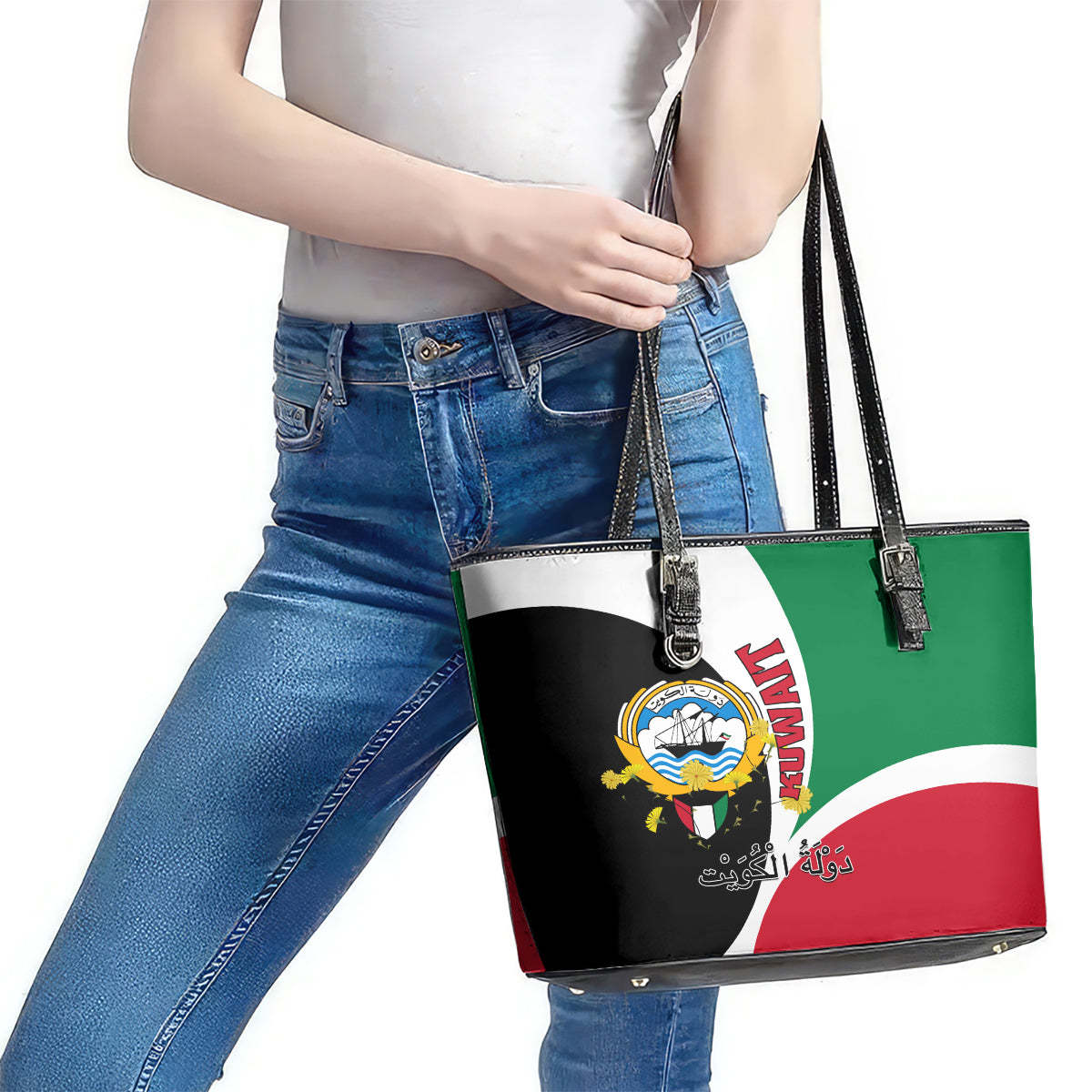 Kuwait National Day Leather Tote Bag Kuwayt Coat Of Arms Arfaj Flower LT01