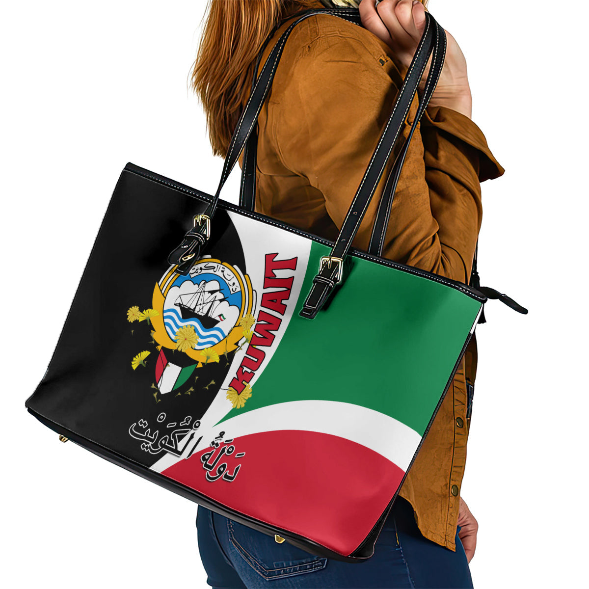 Kuwait National Day Leather Tote Bag Kuwayt Coat Of Arms Arfaj Flower LT01