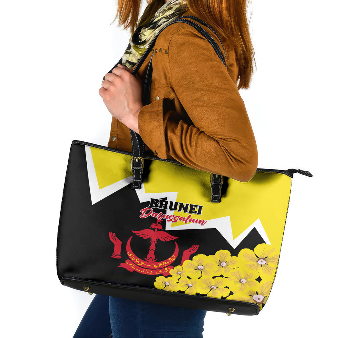 Brunei Darussalam National Day Leather Tote Bag Coat Of Arms Simpor Flower LT01