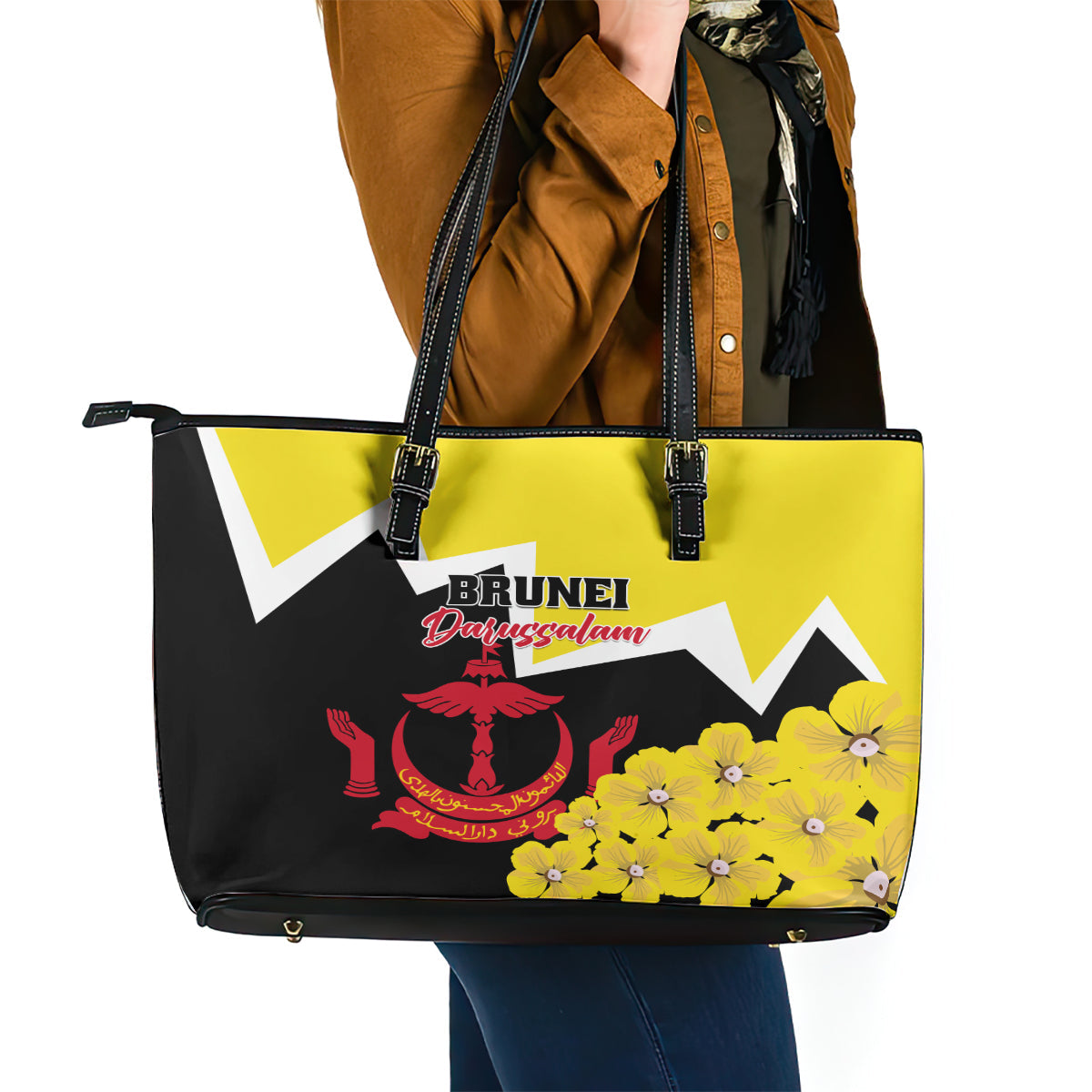 Brunei Darussalam National Day Leather Tote Bag Coat Of Arms Simpor Flower LT01