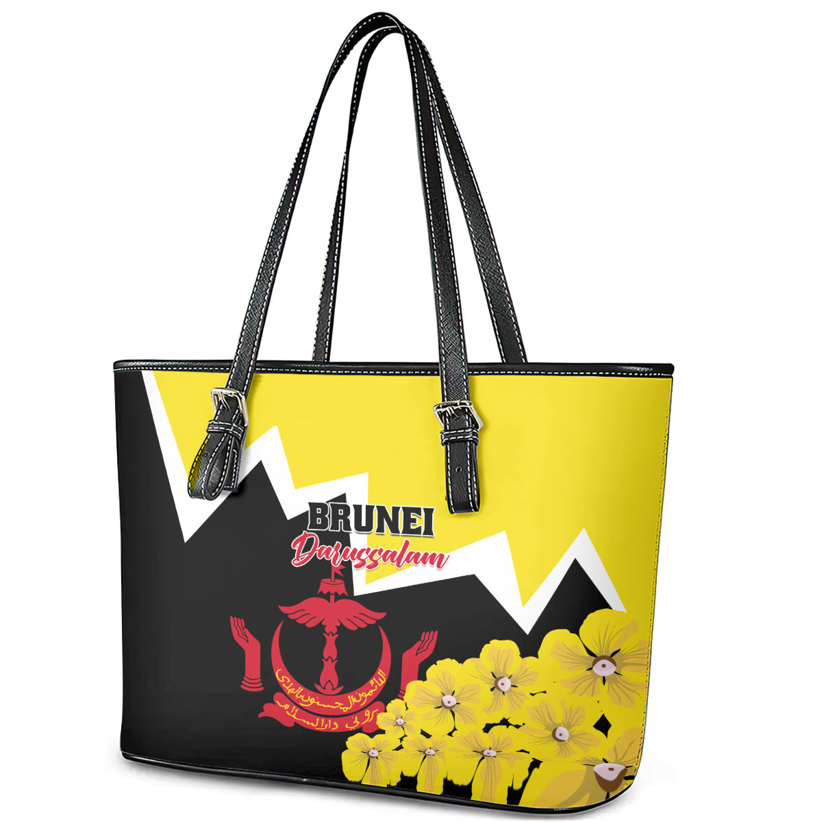 Brunei Darussalam National Day Leather Tote Bag Coat Of Arms Simpor Flower LT01
