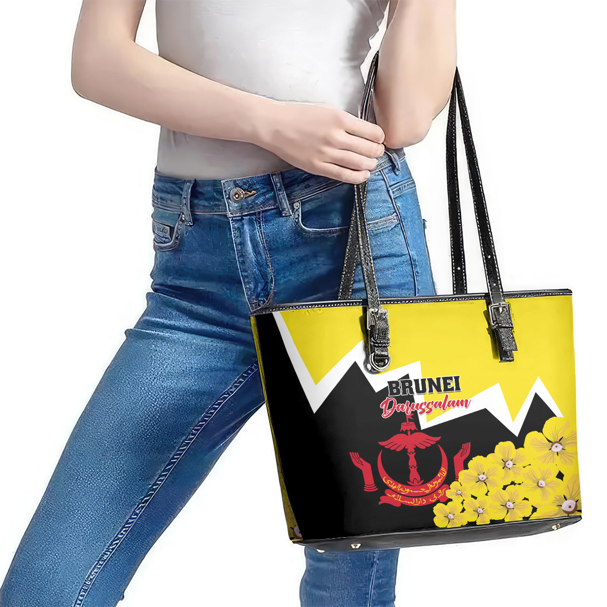 Brunei Darussalam National Day Leather Tote Bag Coat Of Arms Simpor Flower LT01