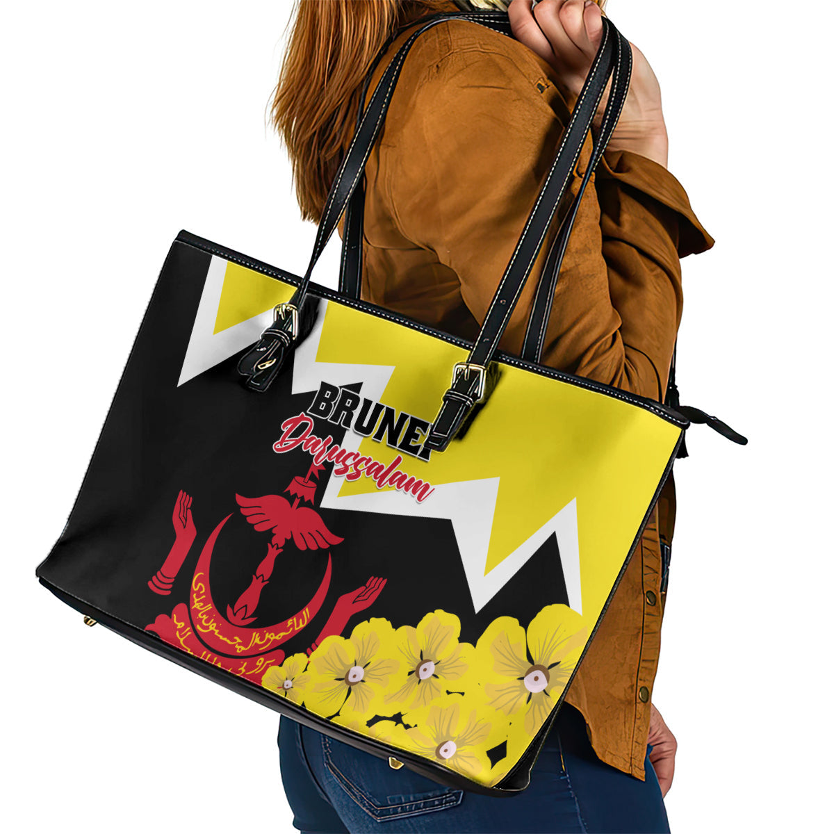 Brunei Darussalam National Day Leather Tote Bag Coat Of Arms Simpor Flower LT01