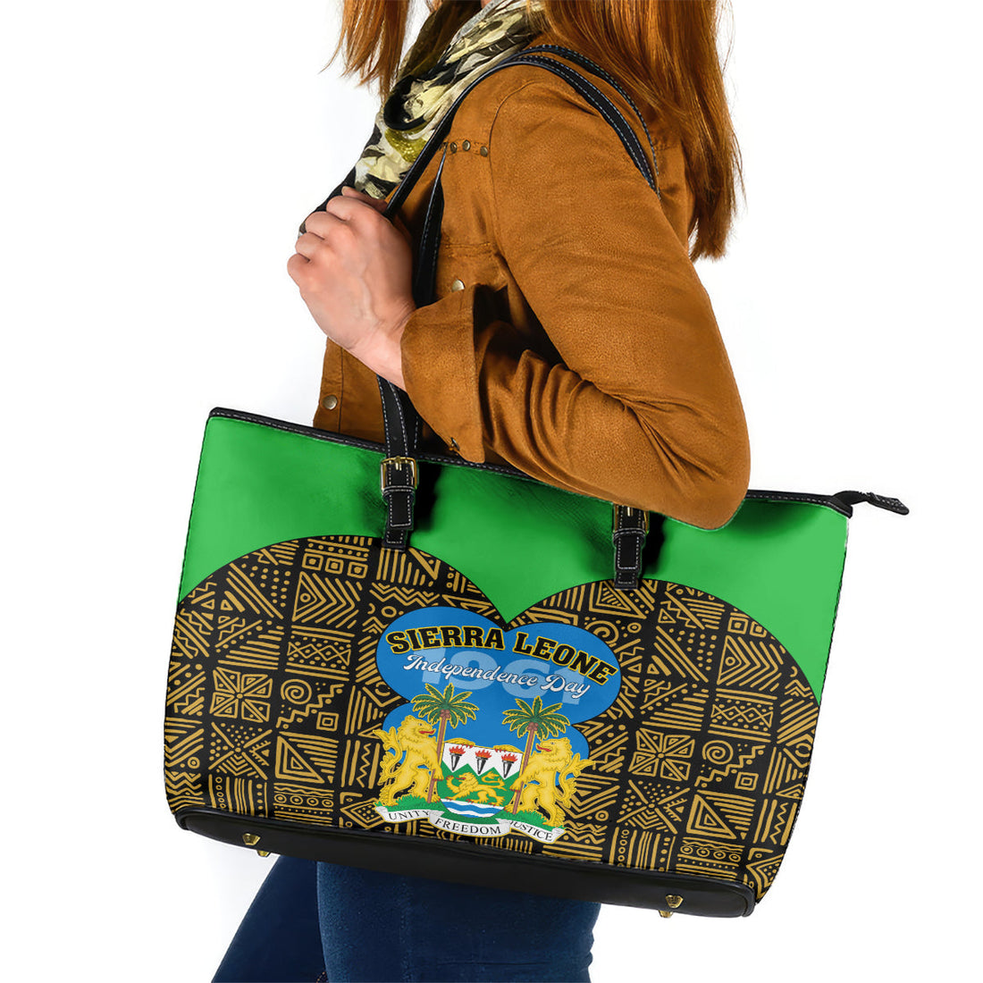 Sierra Leone Independence Day 2024 Leather Tote Bag Happy 63rd Anniversary African Pattern LT01